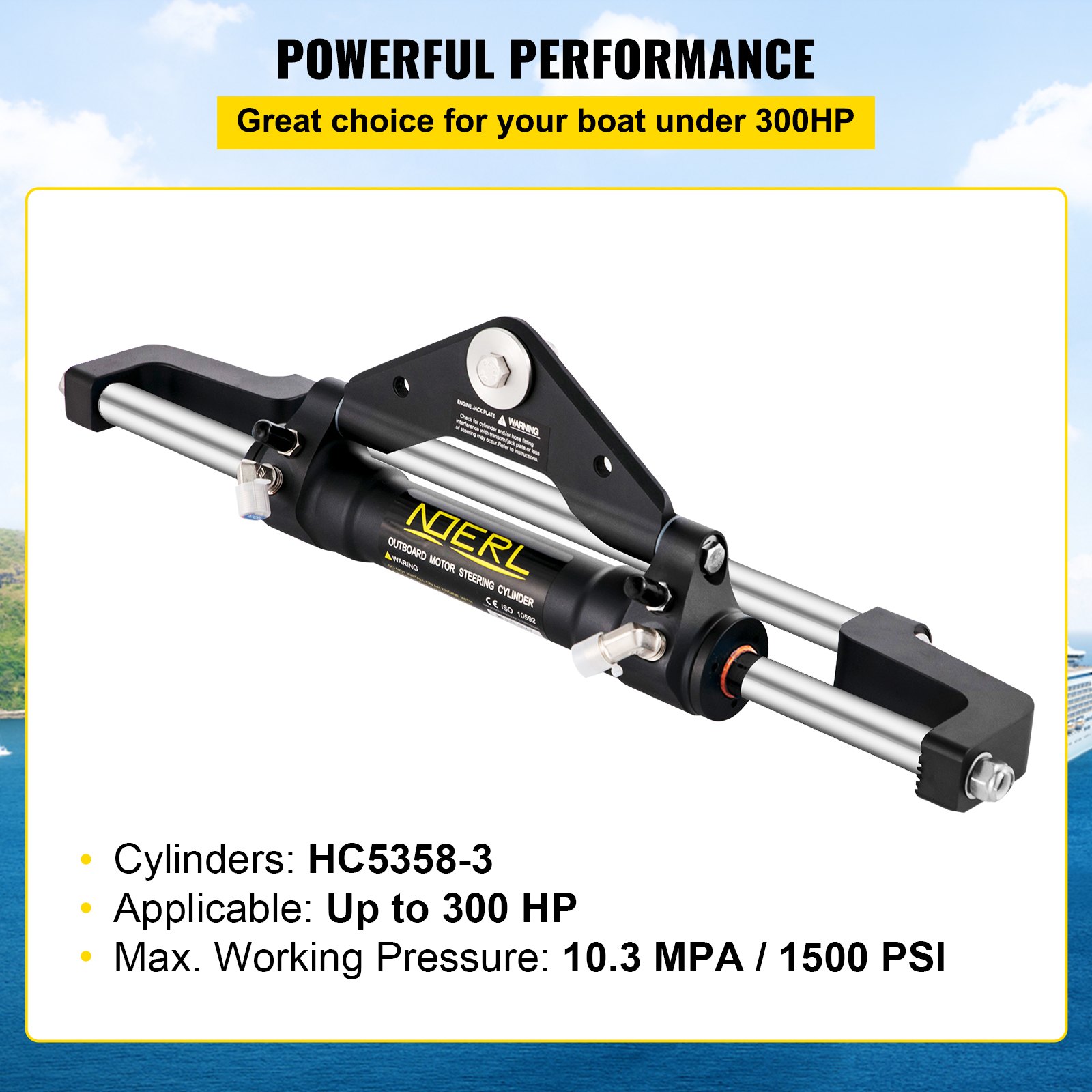Cilindro de dirección hidráulica VEVOR de 300 HP, montaje frontal, cilindro de dirección hidráulico externo para sistema de dirección de embarcaciones marinas.