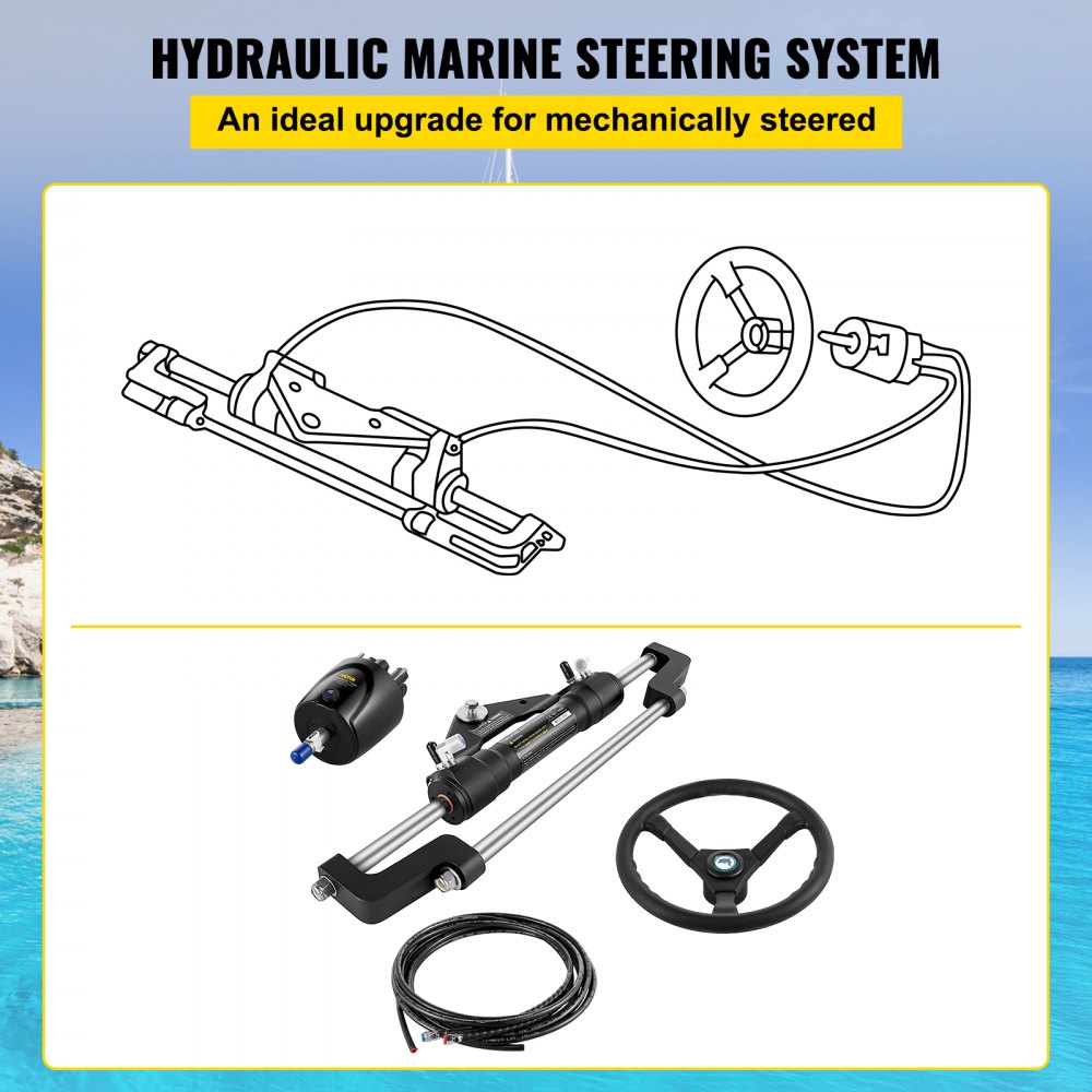 Kit de dirección hidráulica para barco VEVOR con componentes y diagrama esquemático.
