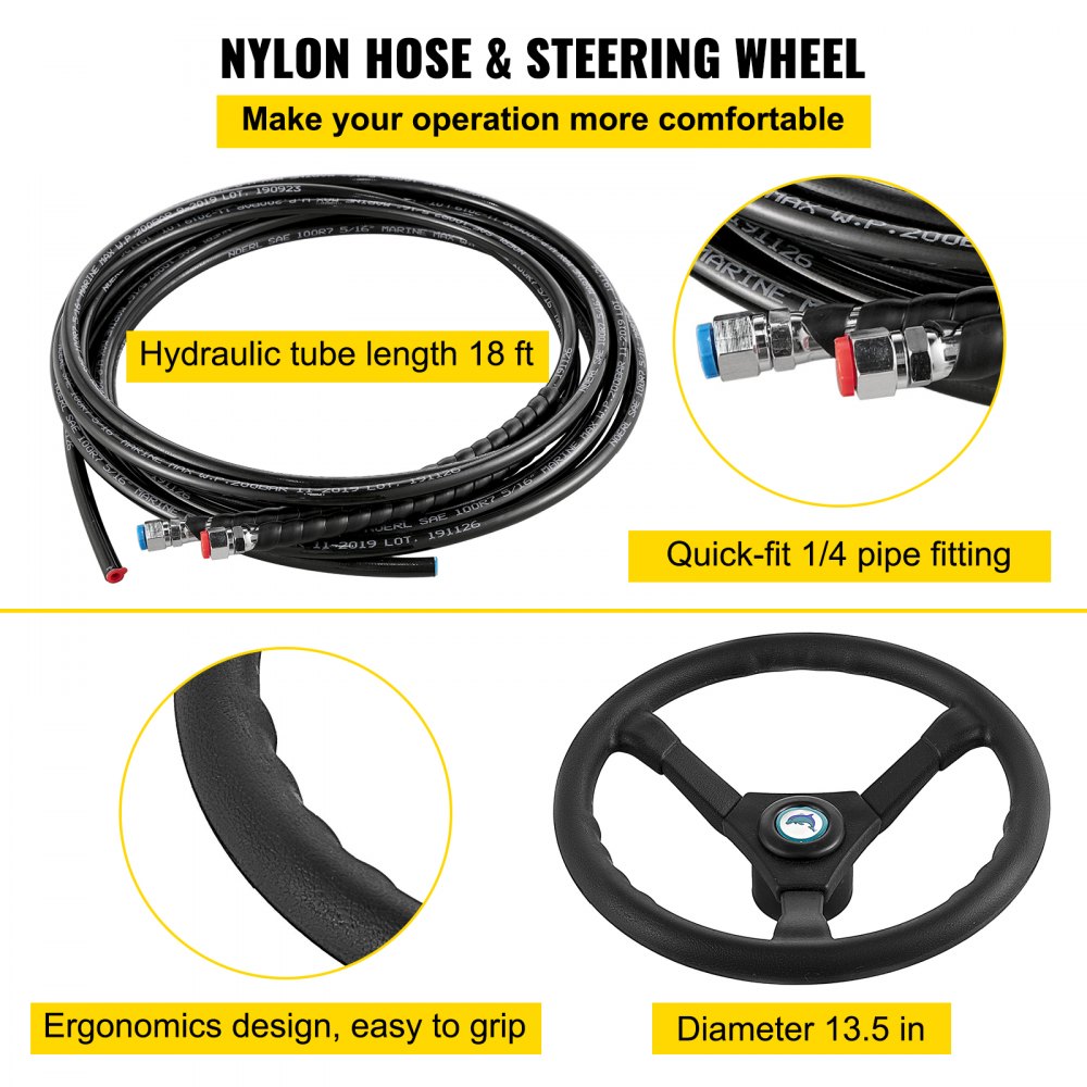 Kit de dirección hidráulica para barco VEVOR con manguera de nailon de 18 pies y volante de 13,5 pulgadas.