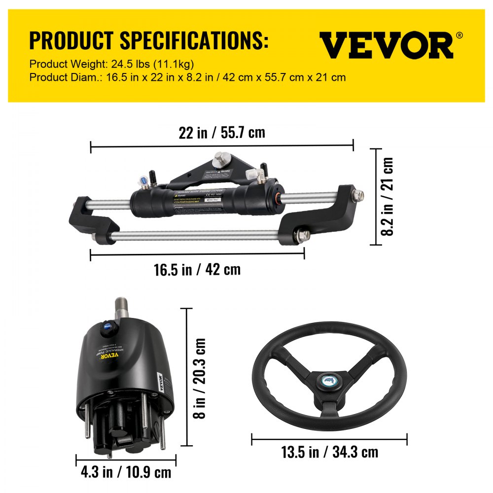 Dimensiones y componentes detallados del kit de dirección hidráulica para barco VEVOR.