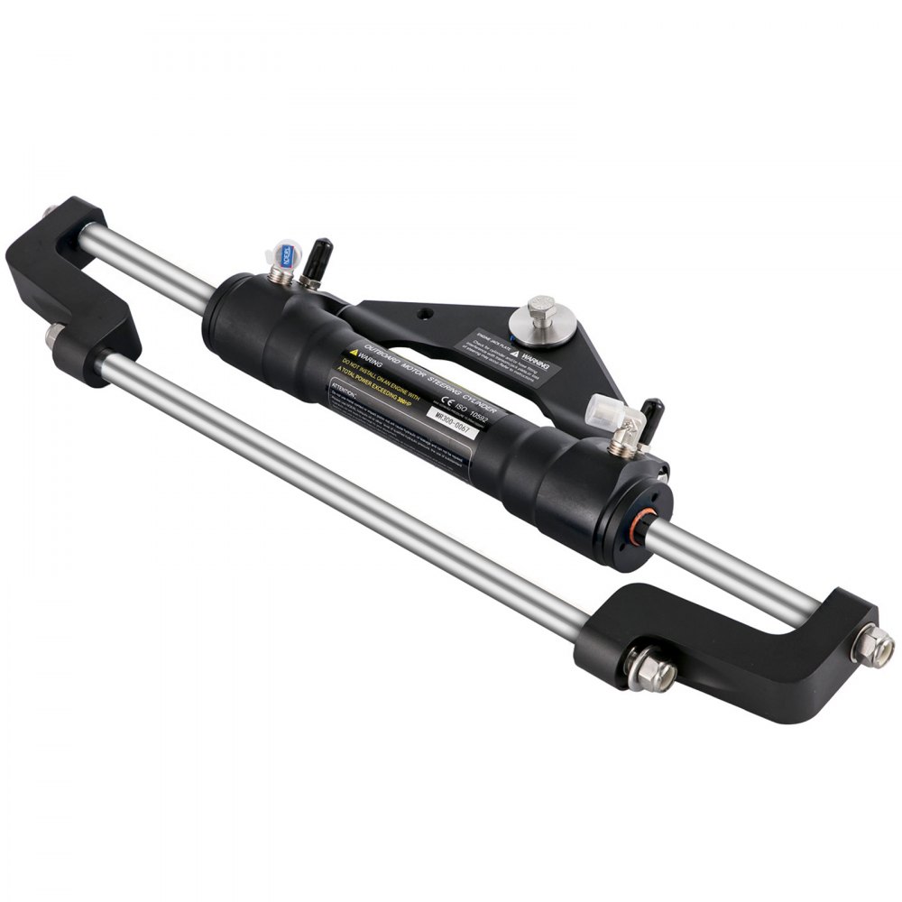 Kit de dirección hidráulica para barco VEVOR con varillas de acero inoxidable y cilindro hidráulico negro.