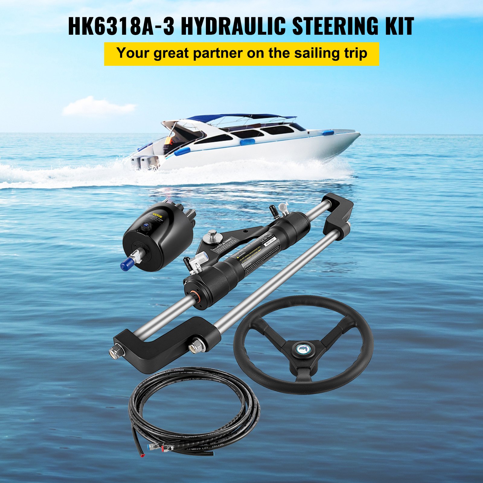 Kit de dirección hidráulica para barco VEVOR con componentes y un barco en el agua.