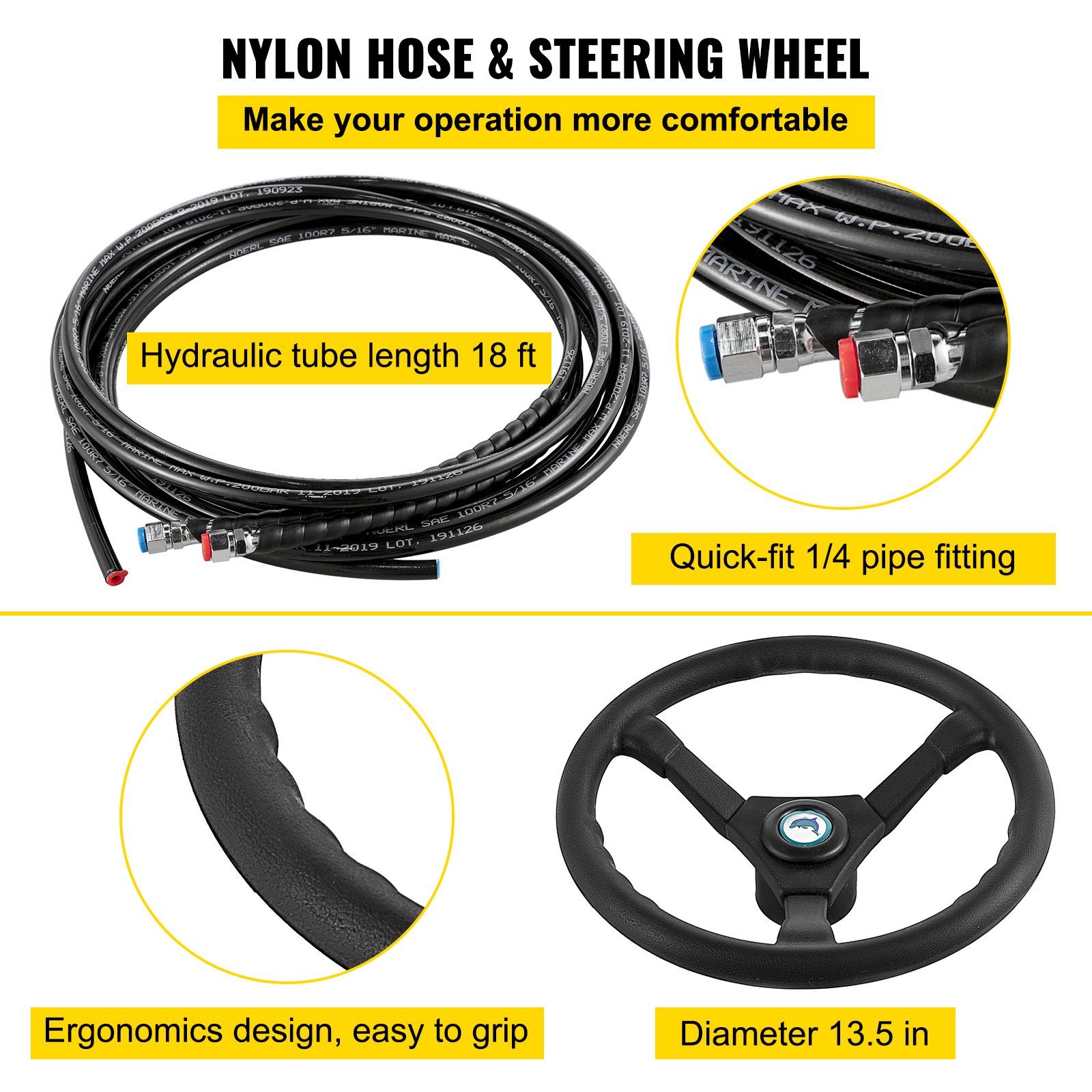 Kit de dirección hidráulica para barco VEVOR con manguera de nailon de 18 pies y volante de 13,5 pulgadas.