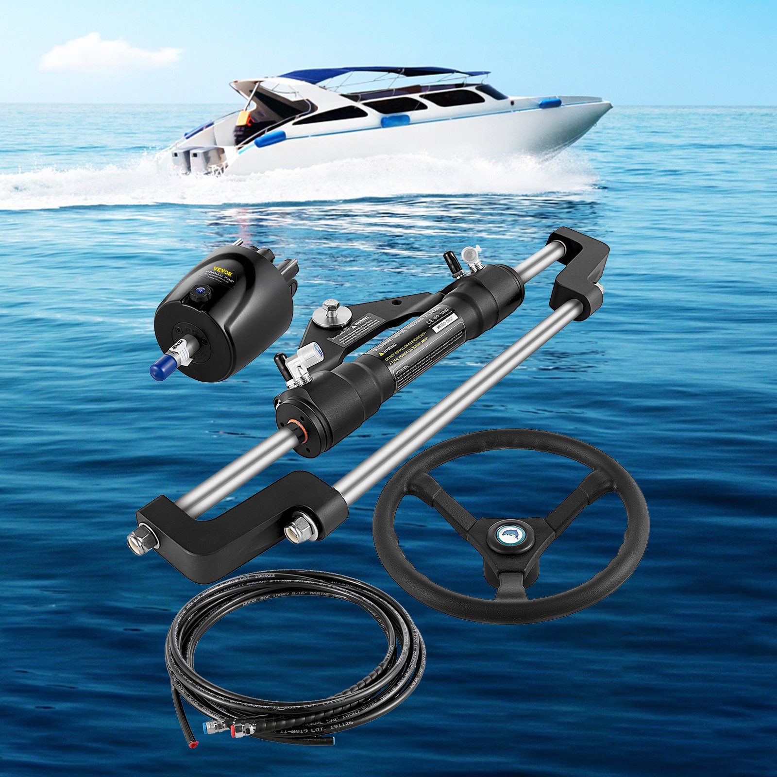 Kit de dirección hidráulica para barco VEVOR con barco al fondo en mar abierto.