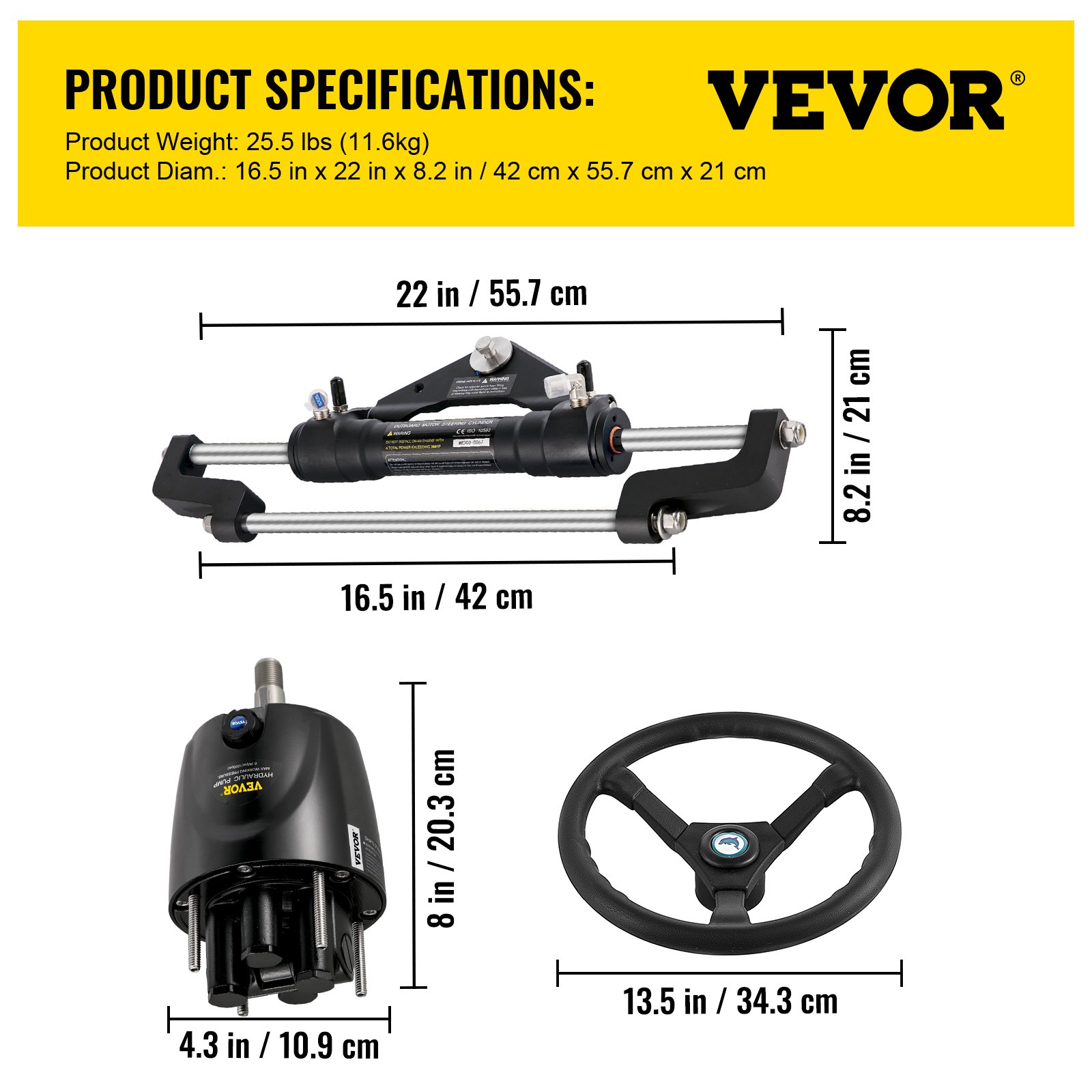 Especificaciones y medidas del kit de dirección hidráulica para barco VEVOR.
