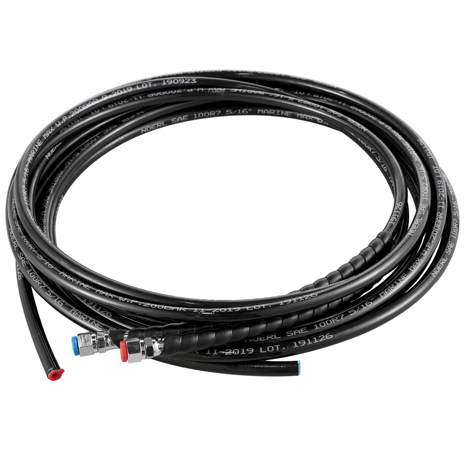 Kit de dirección hidráulica para barco VEVOR, mangueras negras con accesorios de metal enrollados cuidadosamente.