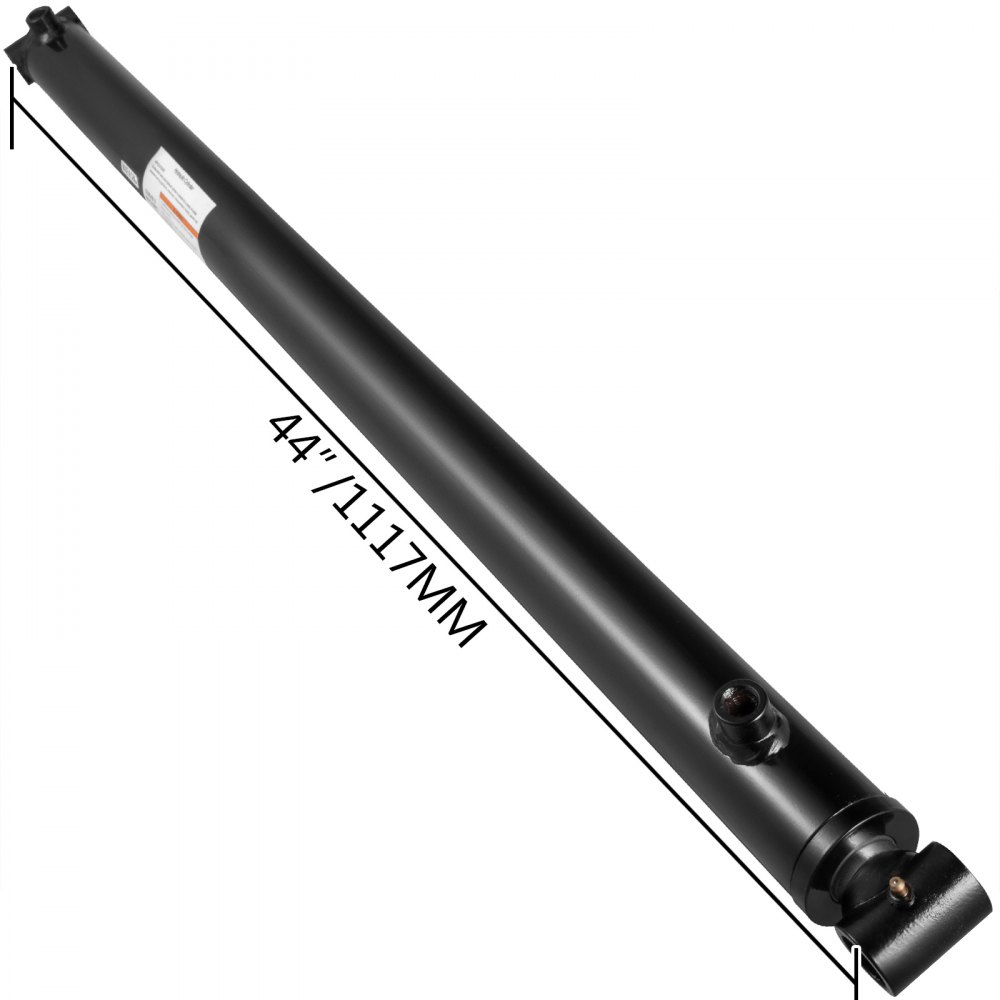 Cilindro hidráulico VEVOR, longitud 44&quot;, acabado negro, etiquetado 1117 mm.