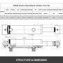 Dimensiones del cilindro hidráulico VEVOR y diagrama de estructura detallado con especificaciones.