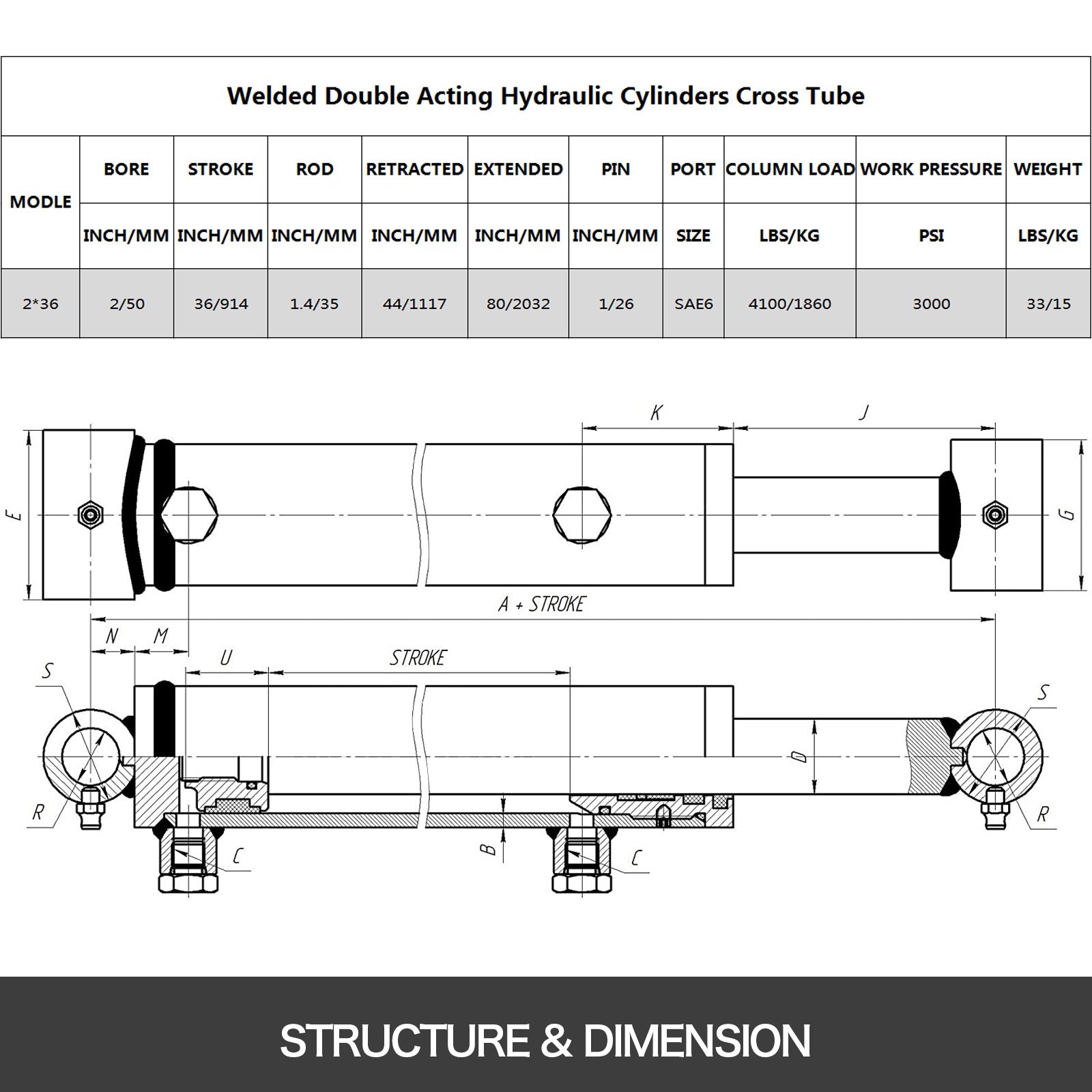 Dimensiones del cilindro hidráulico VEVOR y diagrama de estructura detallado con especificaciones.