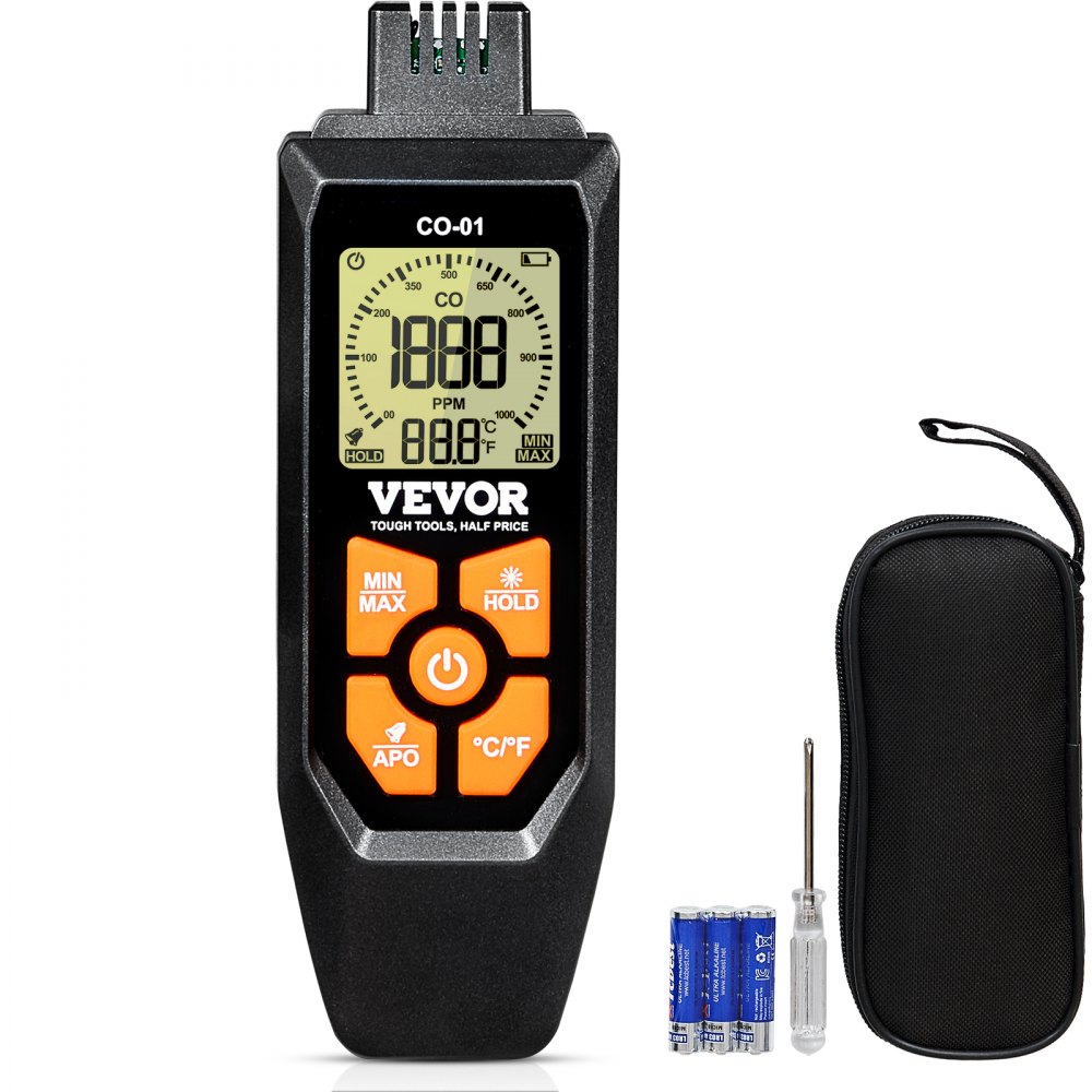 Detector de monóxido de carbono VEVOR con pantalla digital, estuche de transporte, destornillador y pilas incluidas.