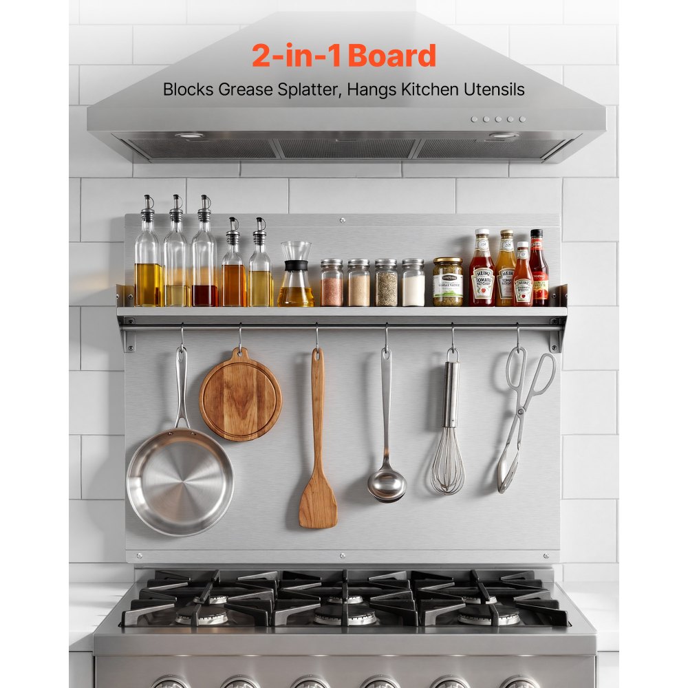 VEVOR Protector contra Salpicaduras 760 x 610 mm, Panel Antisalpicaduras de Acero Inoxidable, con Estante de Almacenamiento y Soporte para Colgar, Orificios Pretaladrados, para Campana Extractora