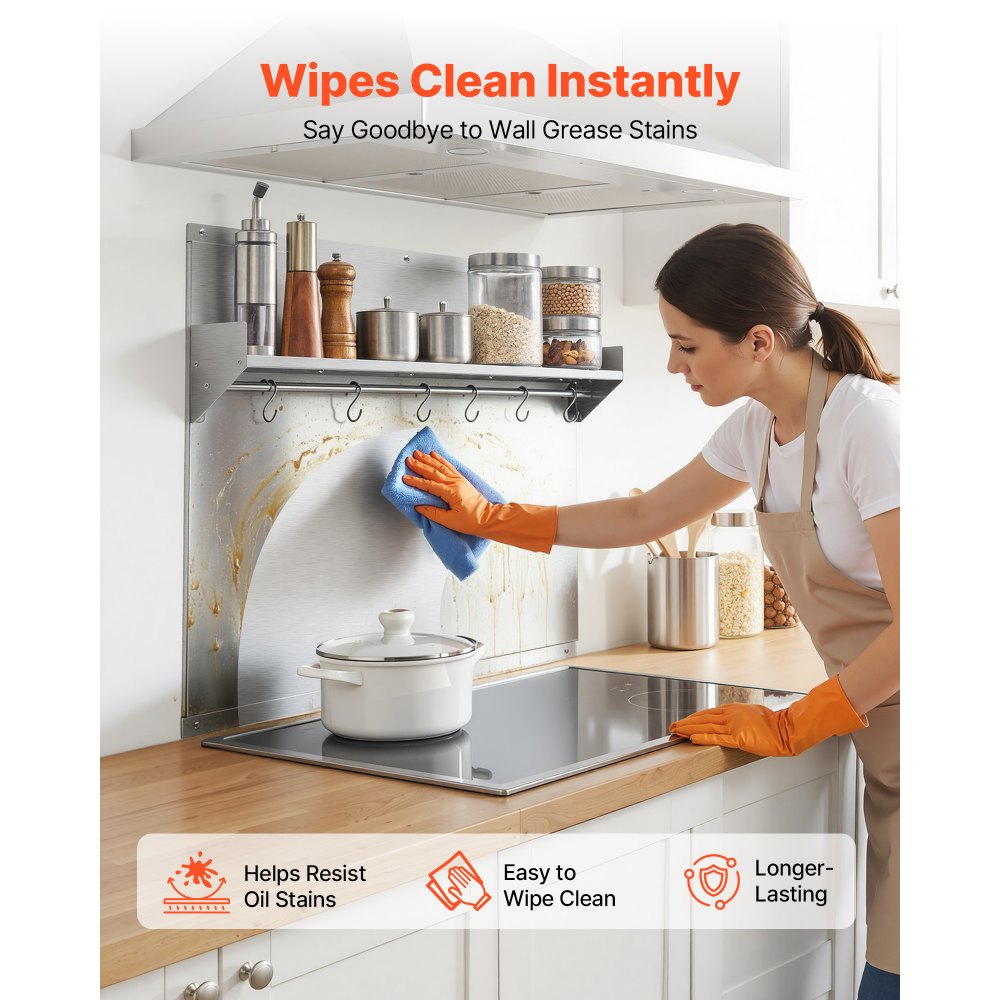 VEVOR Protector contra Salpicaduras 760 x 610 mm, Panel Antisalpicaduras de Acero Inoxidable, con Estante de Almacenamiento y Soporte para Colgar, Orificios Pretaladrados, para Campana Extractora