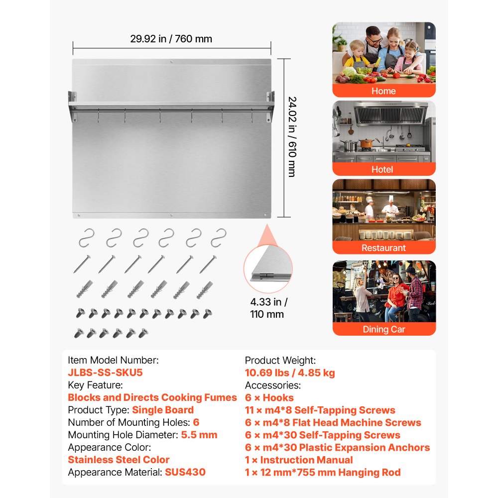 VEVOR Protector contra Salpicaduras 760 x 610 mm, Panel Antisalpicaduras de Acero Inoxidable, con Estante de Almacenamiento y Soporte para Colgar, Orificios Pretaladrados, para Campana Extractora