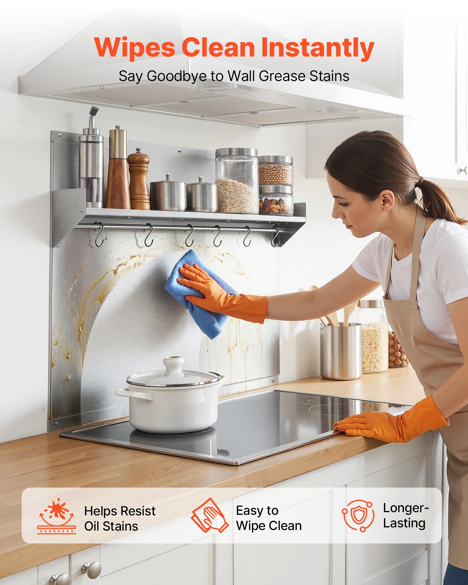 VEVOR Protector contra Salpicaduras 760 x 610 mm, Panel Antisalpicaduras de Acero Inoxidable, con Estante de Almacenamiento y Soporte para Colgar, Orificios Pretaladrados, para Campana Extractora