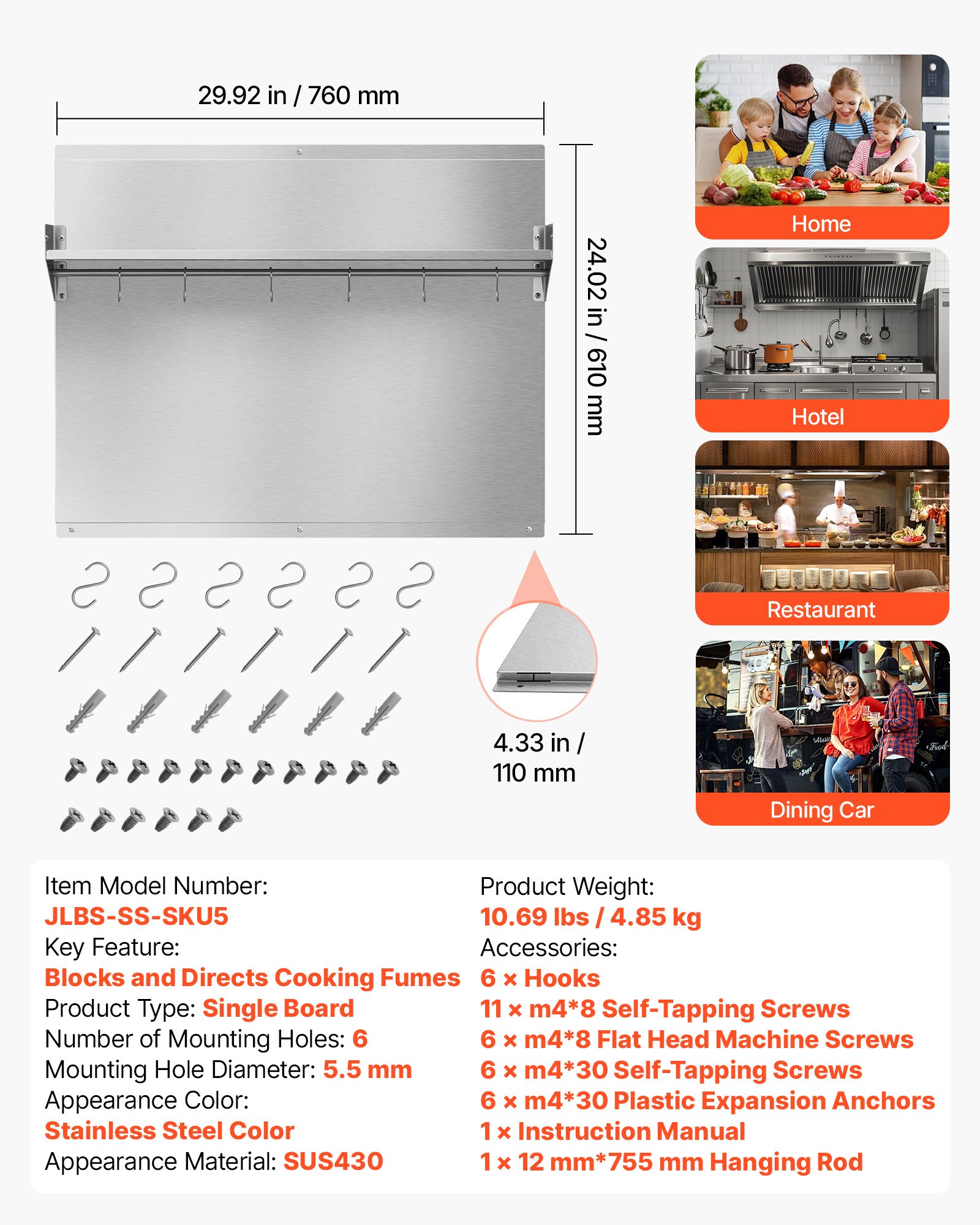 VEVOR Protector contra Salpicaduras 760 x 610 mm, Panel Antisalpicaduras de Acero Inoxidable, con Estante de Almacenamiento y Soporte para Colgar, Orificios Pretaladrados, para Campana Extractora