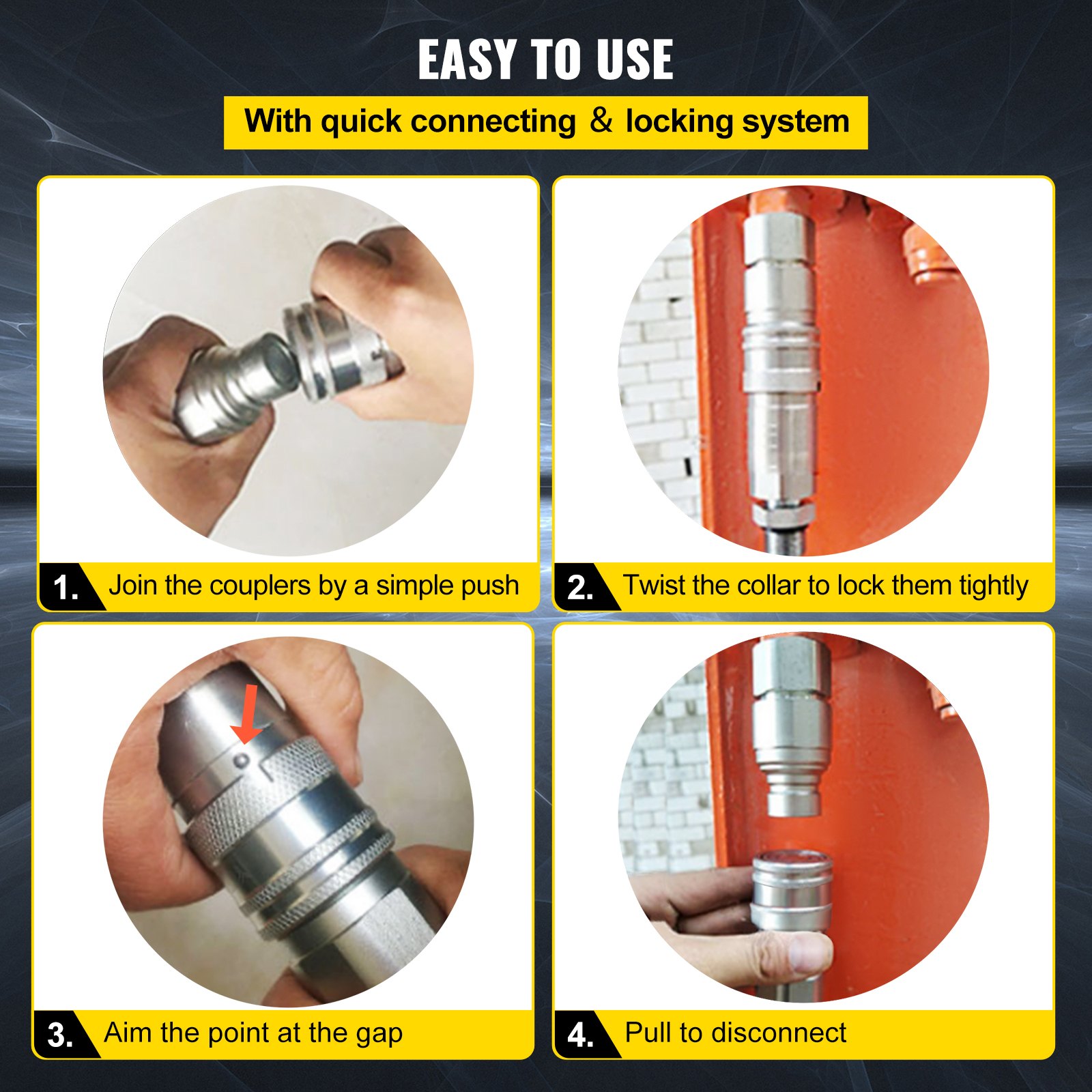 VEVOR Conexión rápida hidráulica 1/2 cuerpo con rosca NPT de 1/2" Acoplador hidráulico 4 pares Acoplamiento hidráulico Conexión rápida 45,5 L/min Acoplador rápido hidráulico (ISO 16028)