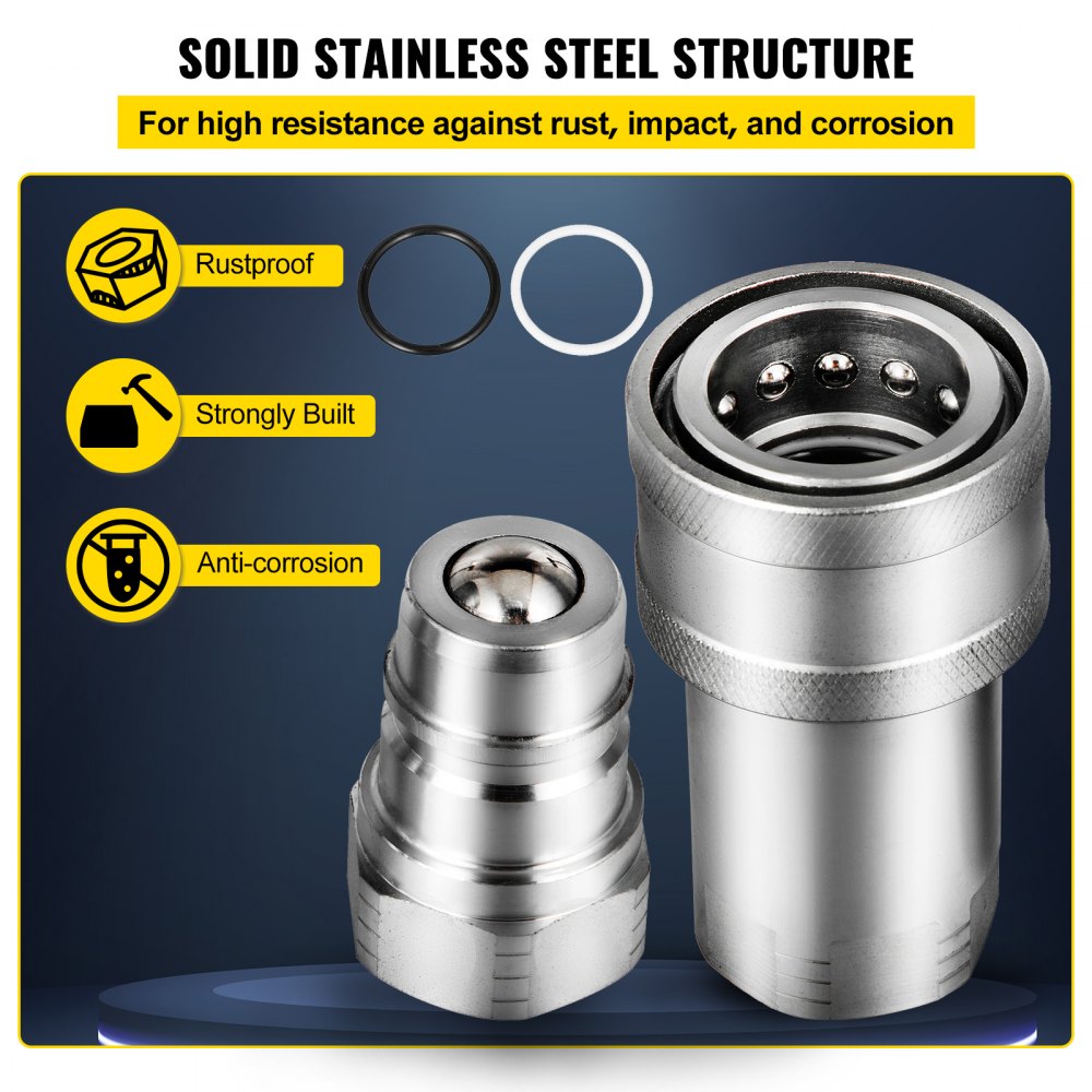 Acopladores hidráulicos de cara esférica VEVOR Cuerpo de 1/2" Rosca NPT de 1/2", Acoplamientos de conexión rápida para dirección deslizante, Accesorios hidráulicos 4061 PSI, 2 juegos de acopladores hidráulicos con tapas antipolvo para estuche Bobcat, Kubota