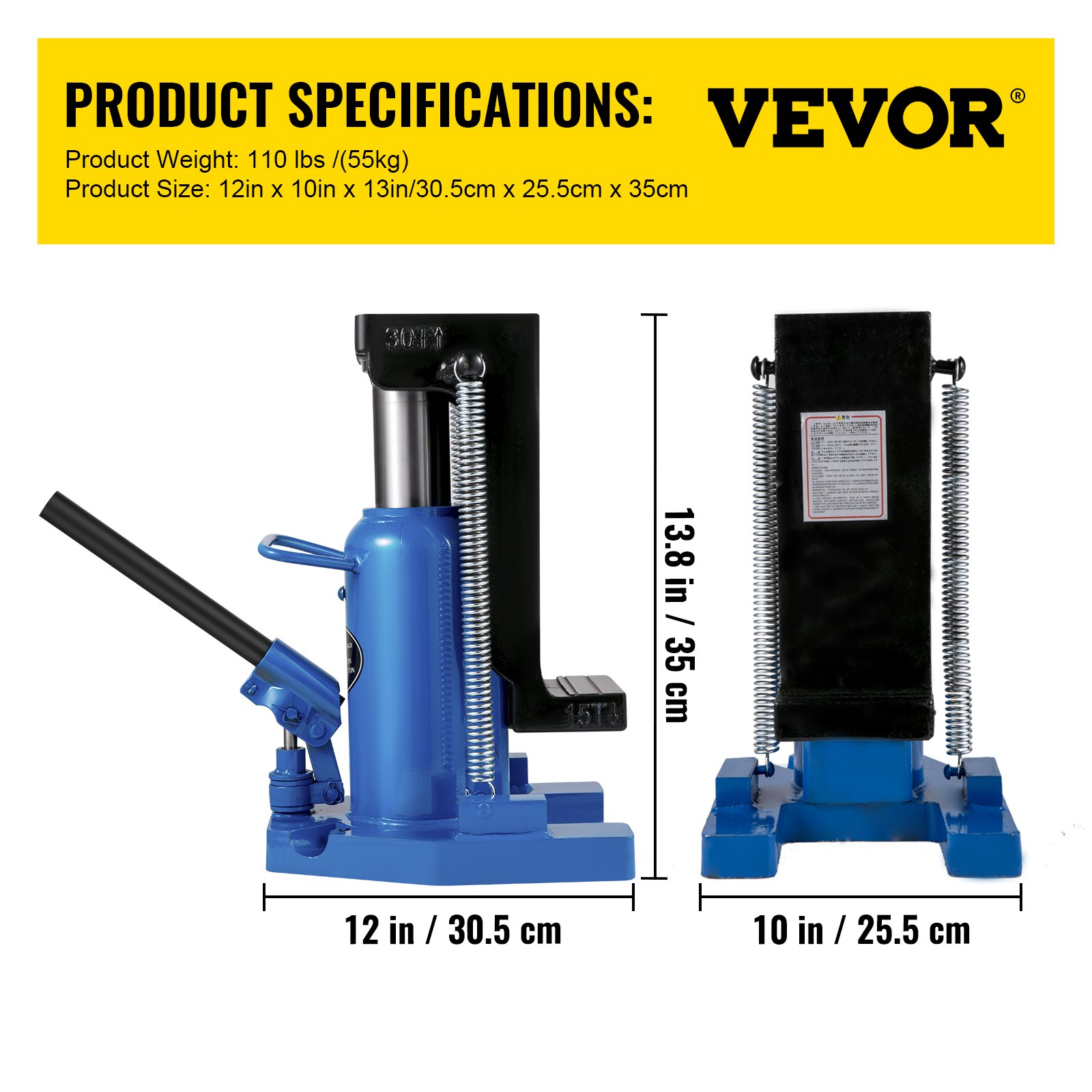 Especificaciones del gato hidráulico de punta VEVOR, capacidad de 110 libras, dimensiones de 12 x 10 x 13,8 pulgadas.