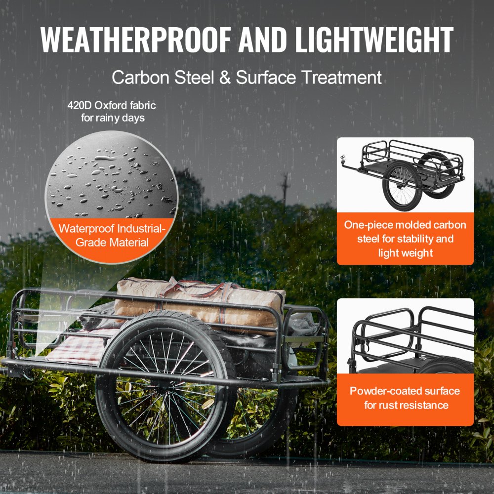 Remolque de carga para bicicletas VEVOR, capacidad de carga de 125 kg, carrito resistente para bicicletas, plegable, compacto, de liberación rápida con enganche universal, ruedas de 50 cm, compatible con la mayoría de las ruedas de bicicleta, marco de acero al carbono.