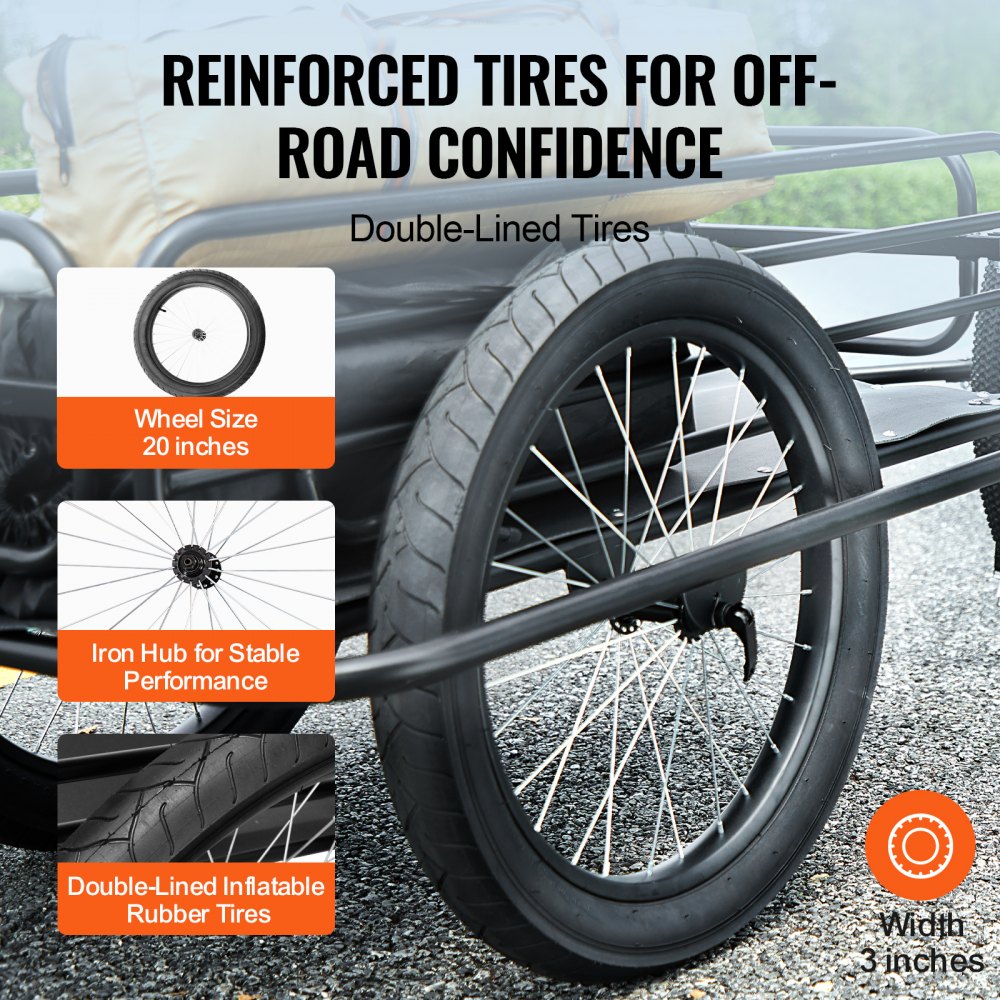 Remolque de carga para bicicletas VEVOR, capacidad de carga de 125 kg, carrito resistente para bicicletas, plegable, compacto, de liberación rápida con enganche universal, ruedas de 50 cm, compatible con la mayoría de las ruedas de bicicleta, marco de acero al carbono.