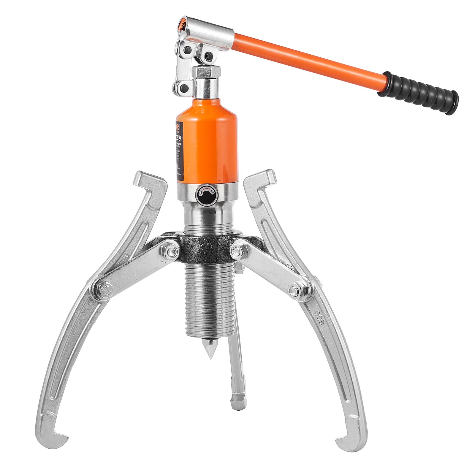 Extractor de engranajes hidráulico VEVOR con tres brazos metálicos y mango naranja para extracción mecánica.