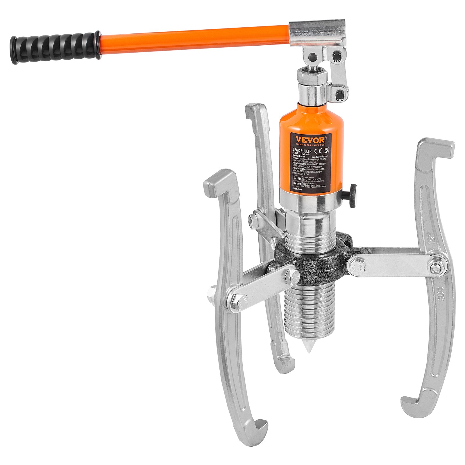 Extractor de engranajes hidráulico VEVOR con mecanismo de tres mordazas y mango naranja para uso industrial.