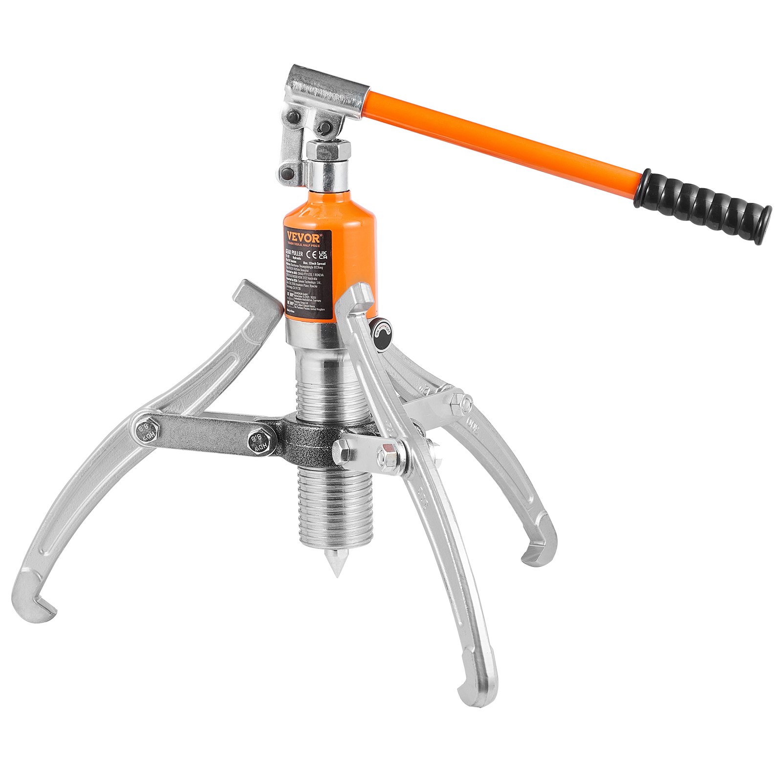 Extractor de engranajes hidráulico VEVOR con mango naranja y garras metálicas ajustables sobre fondo blanco.