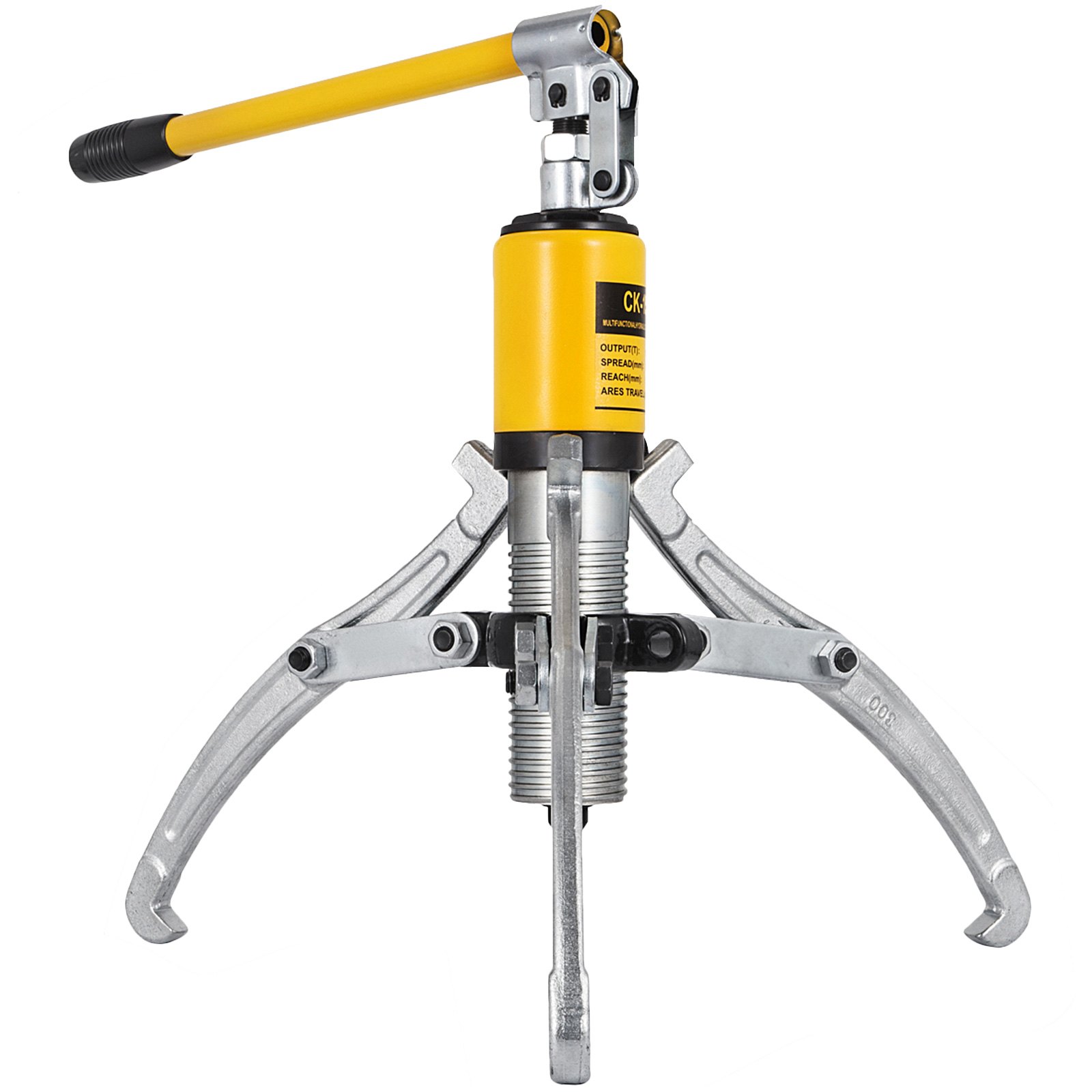 Extractor de engranajes hidráulico VEVOR amarillo y plateado con tres brazos ajustables adjuntos.