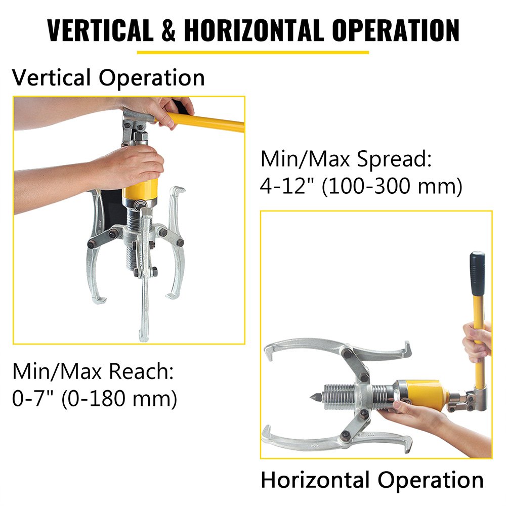 Extractor de engranajes hidráulico VEVOR para operación vertical y horizontal con especificaciones de tamaño.