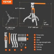 Extractor hidráulico de engranajes VEVOR, separador de extracción de rodamientos de rueda de capacidad máxima de 5 toneladas, extractor de 2 o 3 mordazas, vertical y horizontalmente, extractor hidráulico de mordaza de 8" con estuche para cubos de tracción