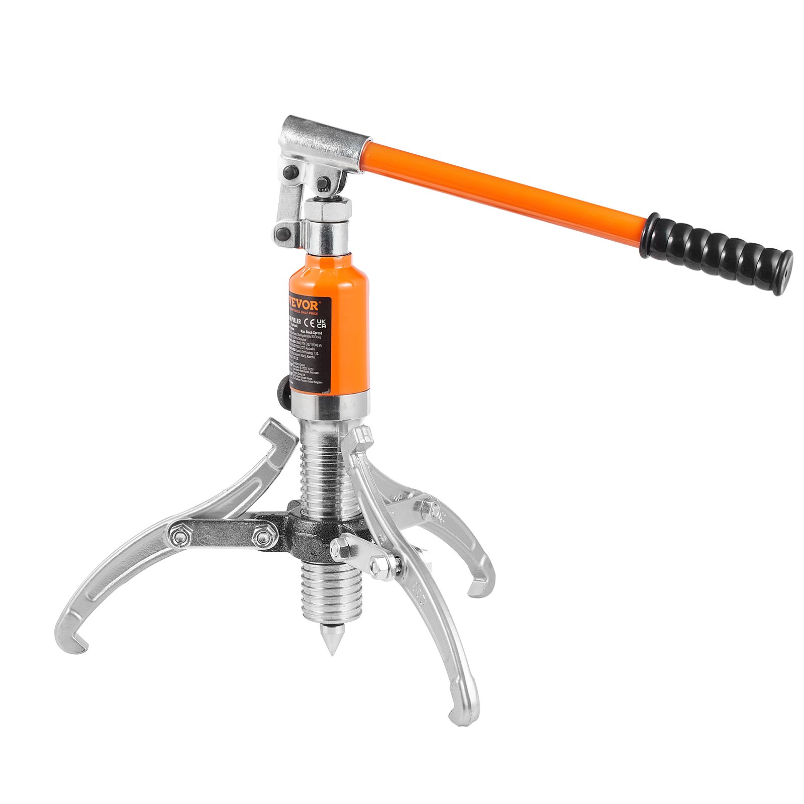 Extractor de engranajes hidráulico con mango naranja y patas metálicas, etiquetado como VEVOR.