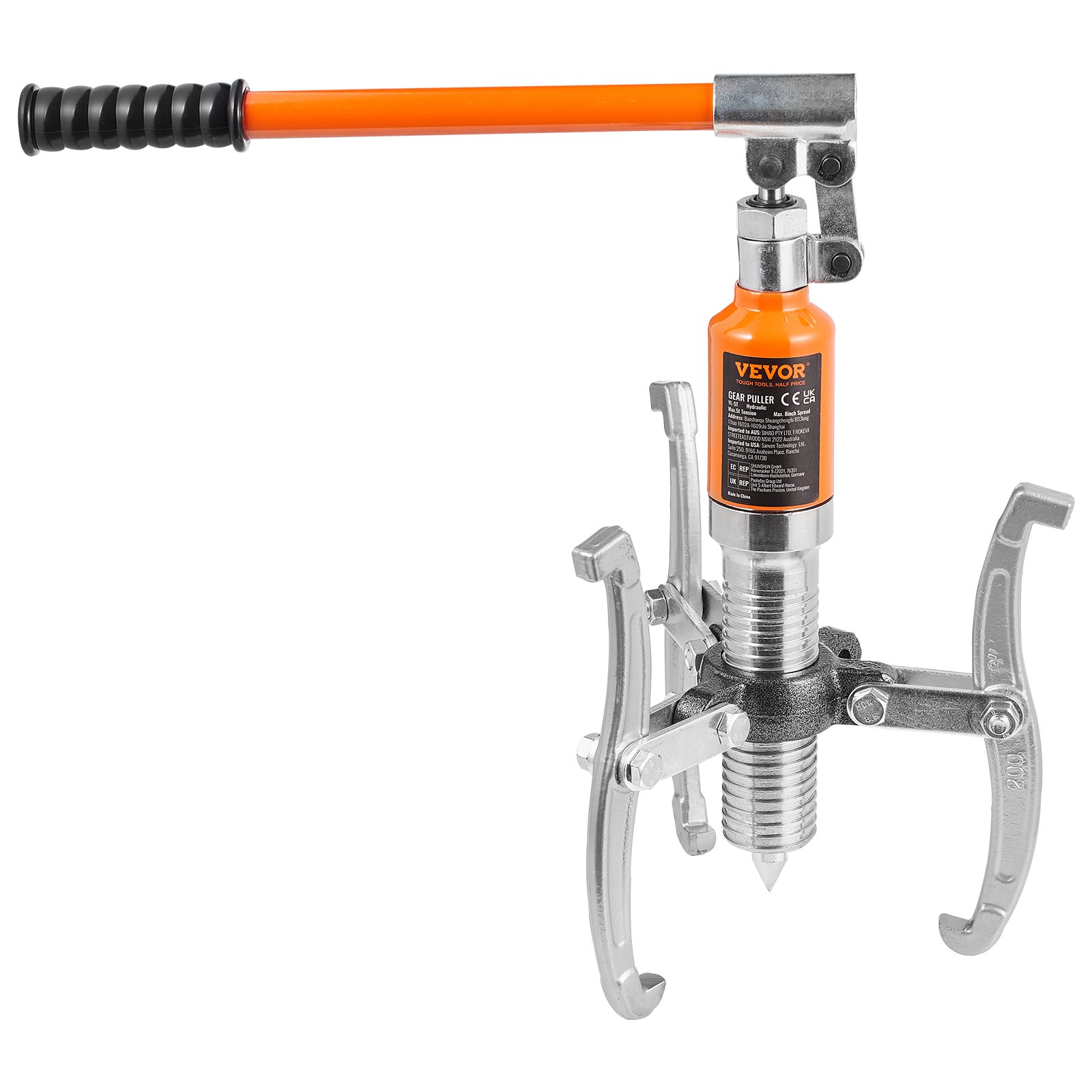 Extractor de engranajes hidráulico VEVOR con mango naranja y garras plateadas.