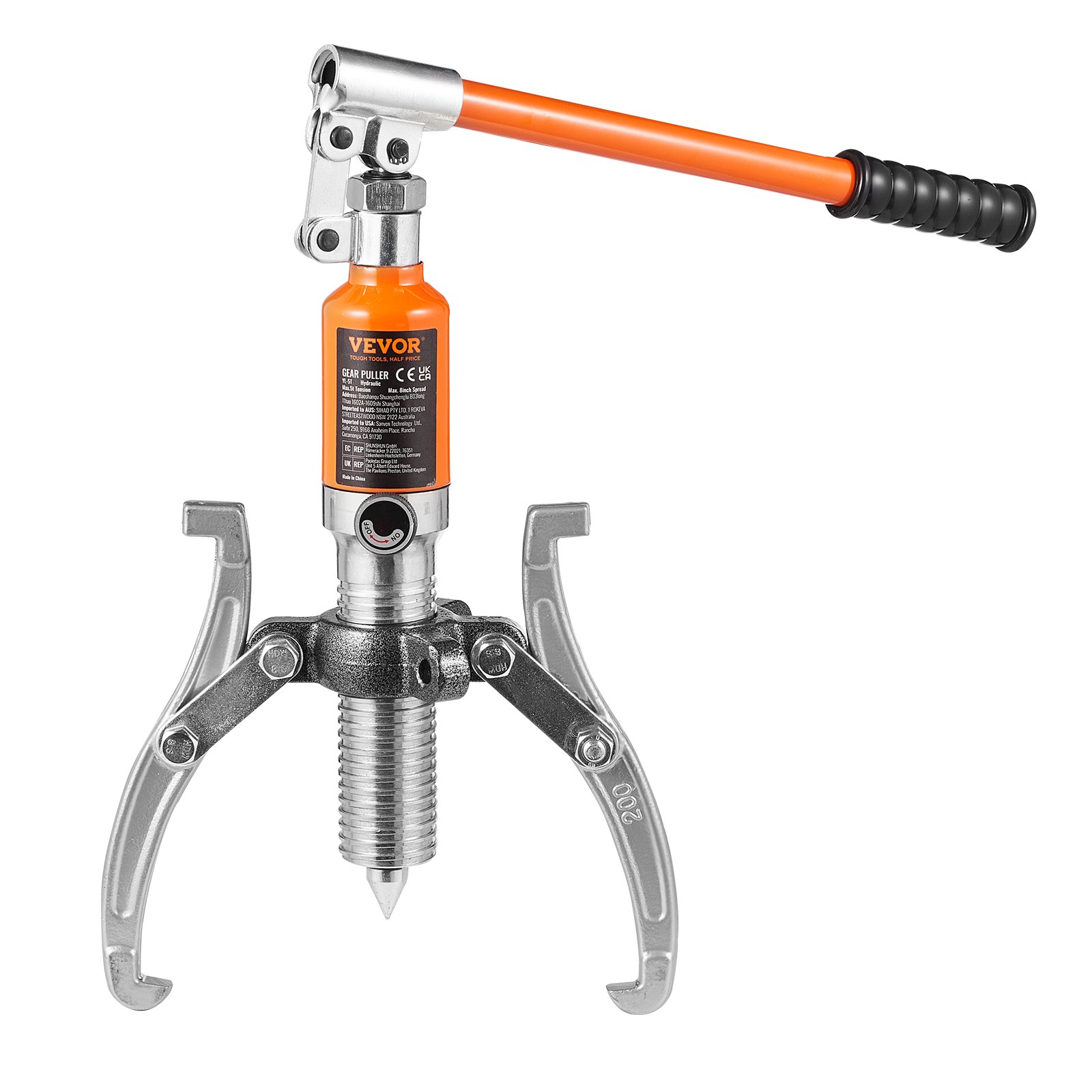 Extractor de engranajes hidráulico VEVOR con mango naranja y garras metálicas robustas para extraer engranajes.