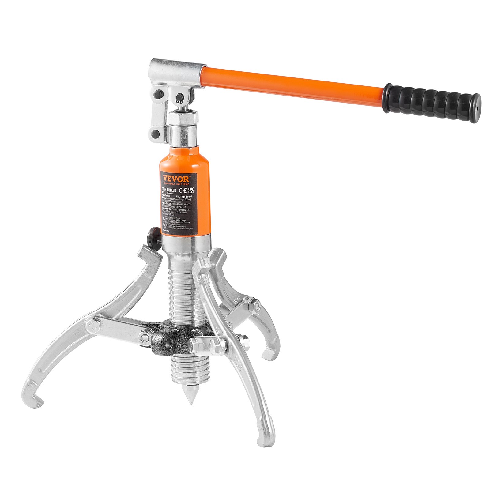 Extractor de engranajes hidráulico VEVOR con mango naranja y garras plateadas sobre fondo blanco.