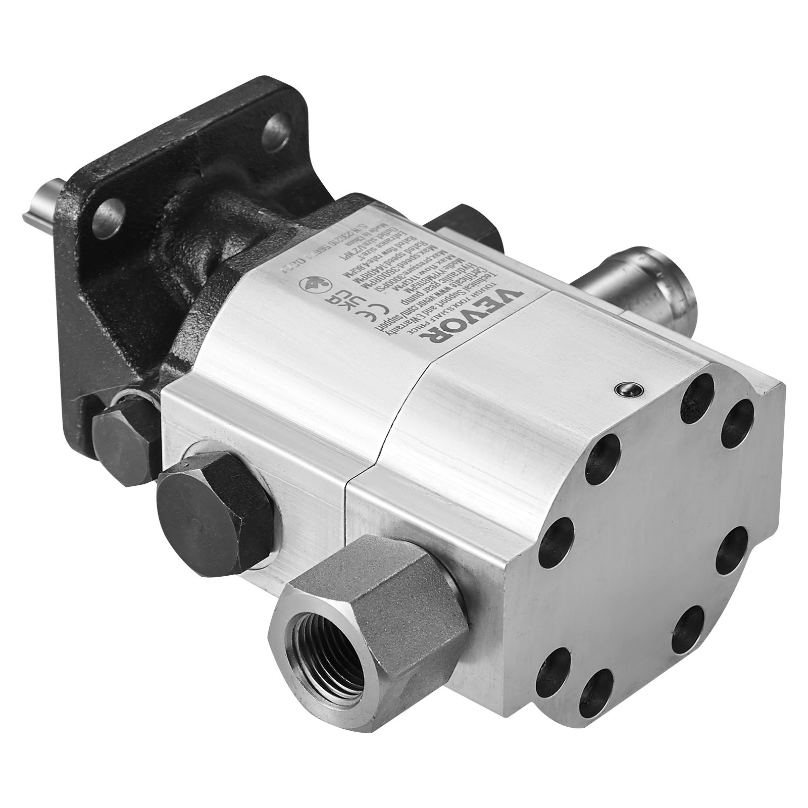Primer plano de una bomba cortadora de troncos hidráulica VEVOR con carcasa y pernos de metal.