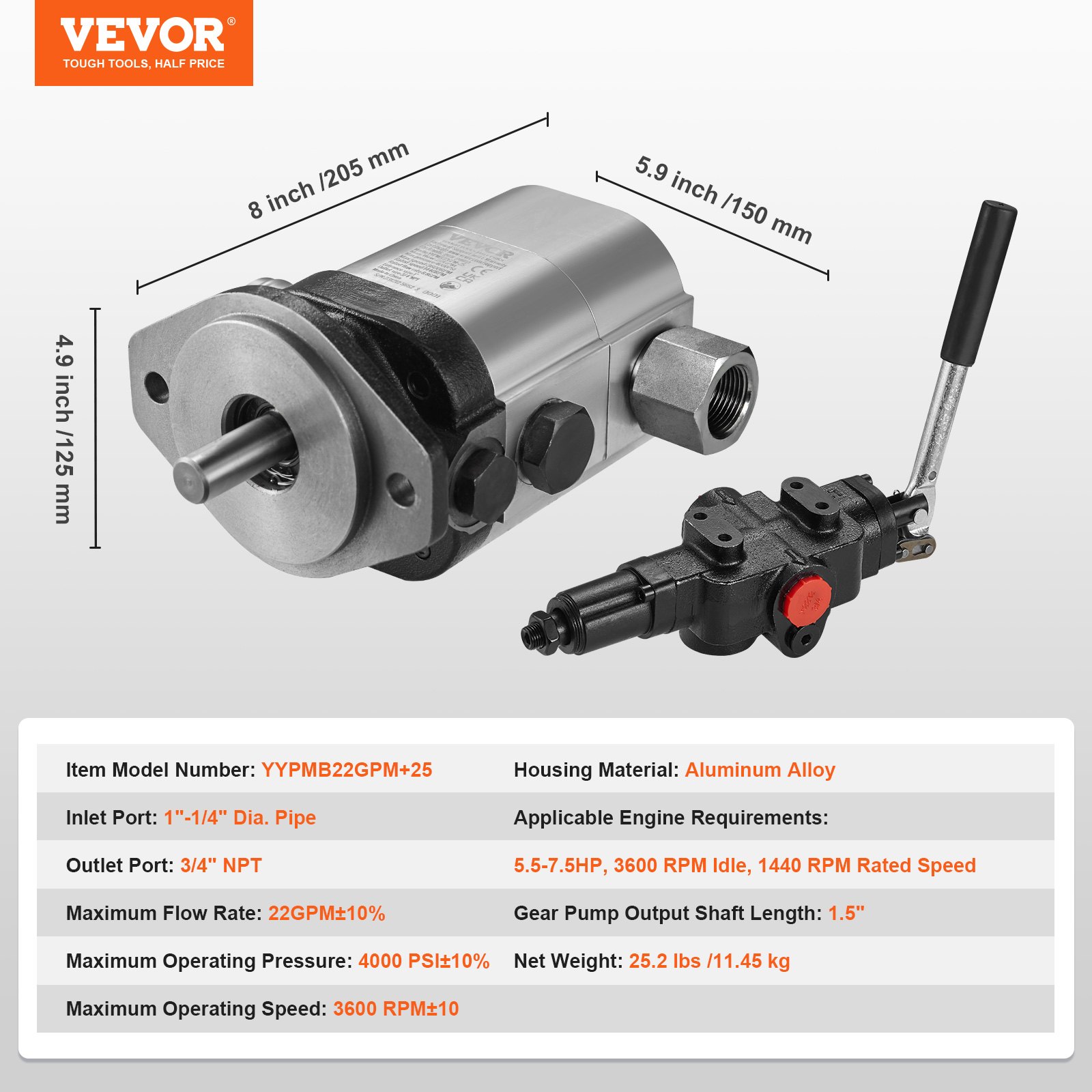 Kit cortador de troncos hidráulico VEVOR con dimensiones y especificaciones.