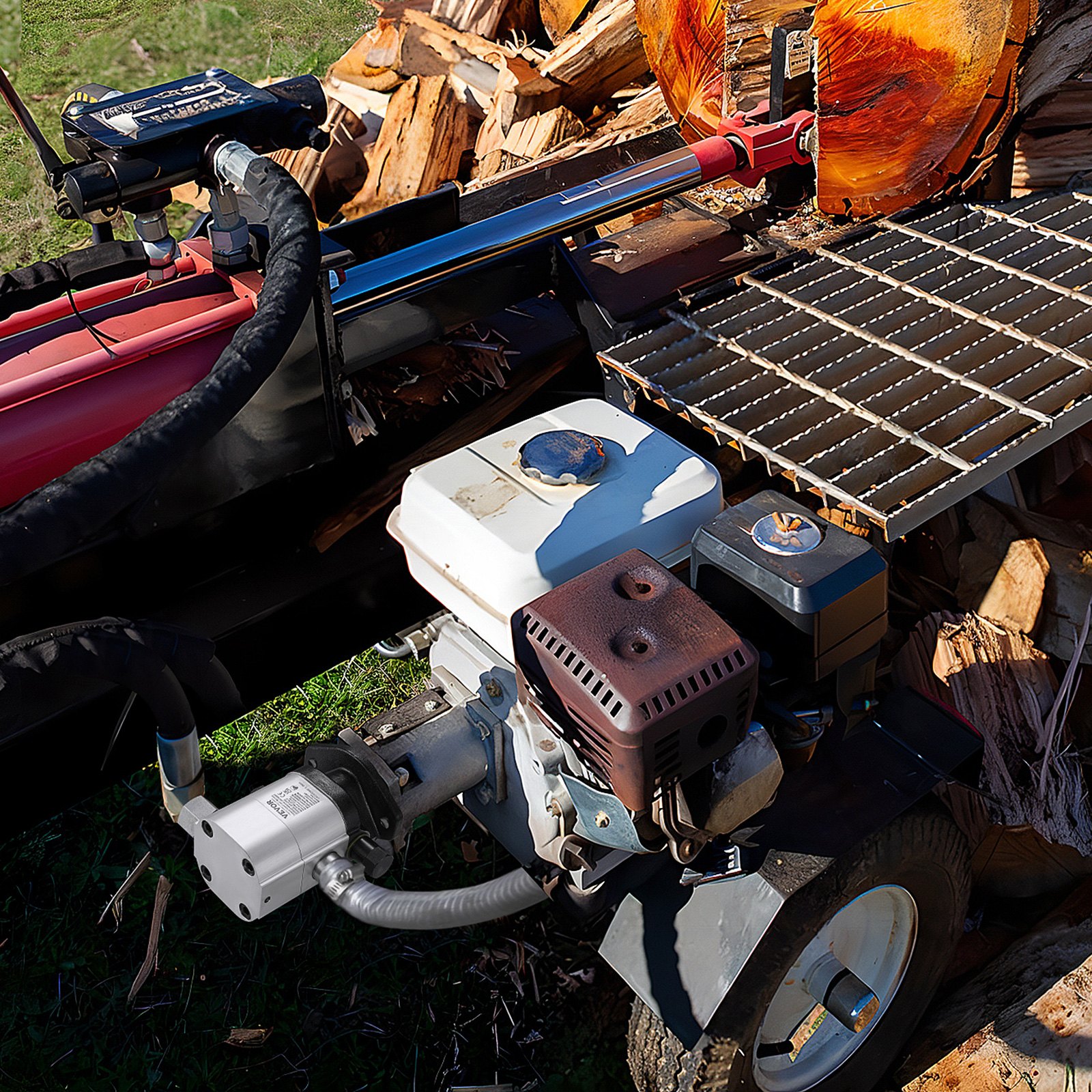 Kit de cortadora de troncos hidráulica VEVOR que corta un tronco grande con un potente motor contra una pila de leña.