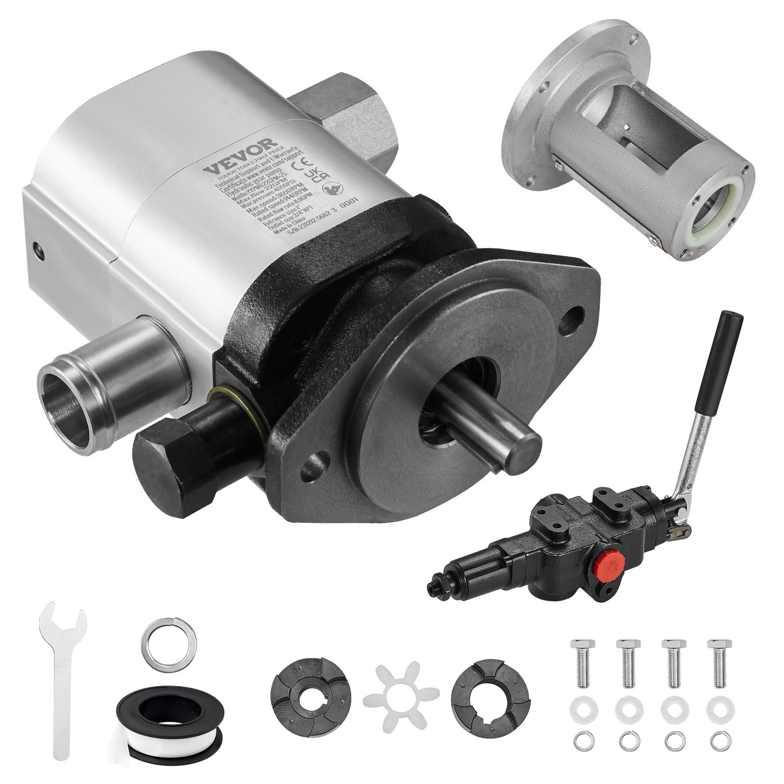 Kit de partidor de troncos hidráulico VEVOR con motor, válvula de control, componentes de montaje y accesorios.