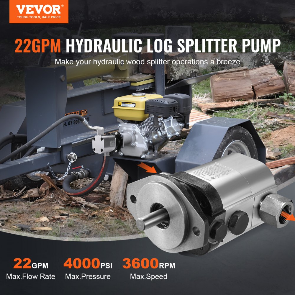 Bomba cortadora de troncos hidráulica VEVOR con caudal de 22 gpm, presión de 4000 psi y velocidad de 3600 rpm para cortar madera.