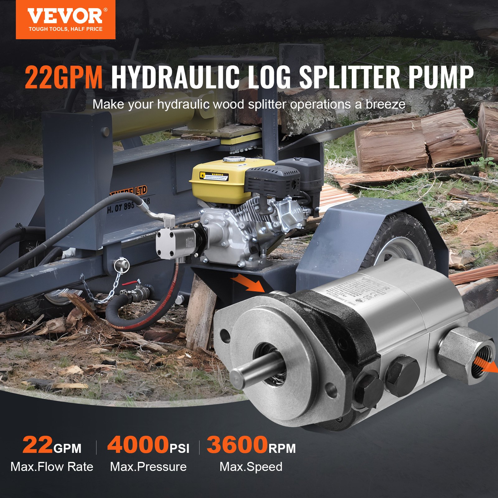 Bomba cortadora de troncos hidráulica VEVOR con caudal de 22 gpm, presión de 4000 psi y velocidad de 3600 rpm para cortar madera.