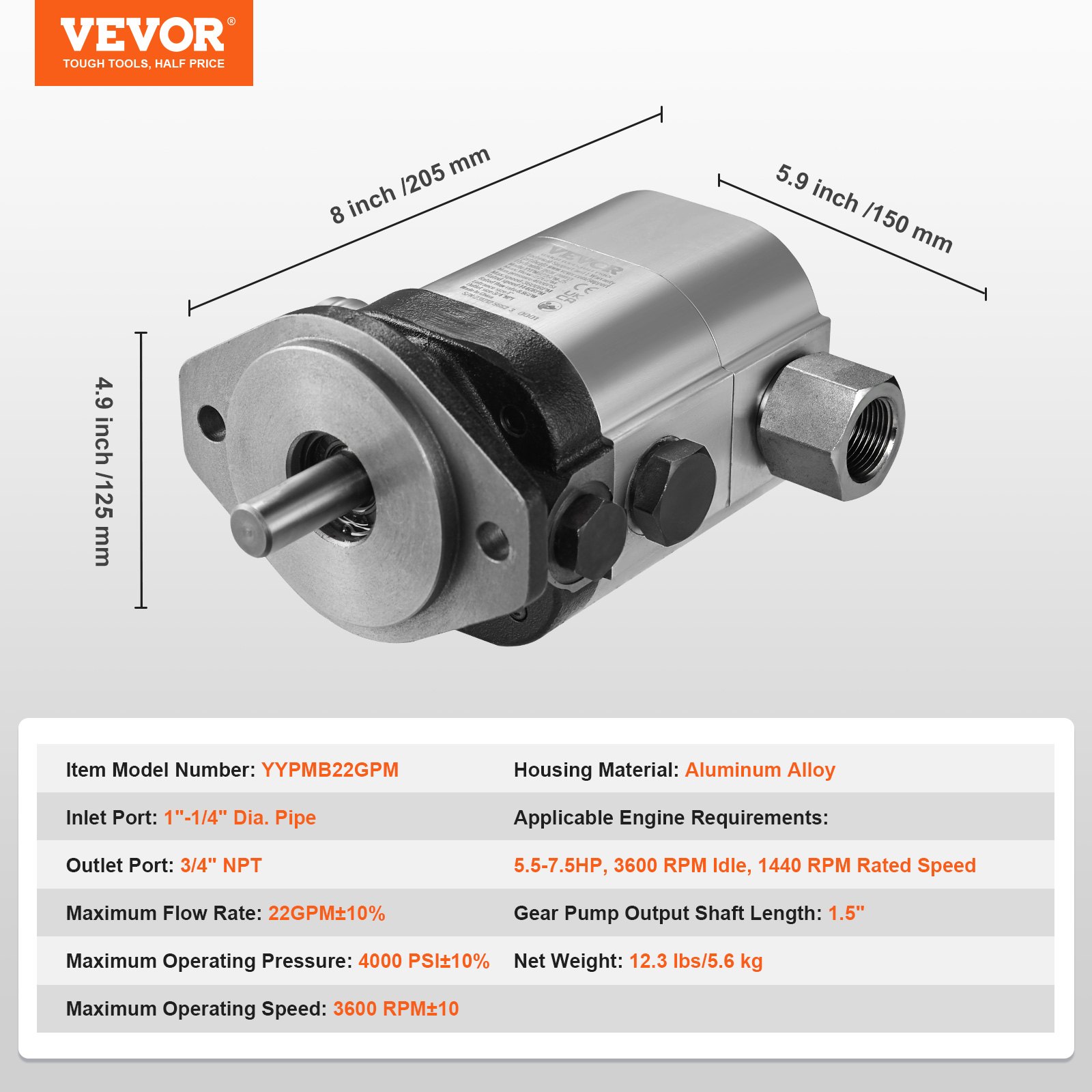 Bomba hidráulica para partidor de troncos VEVOR en aleación de aluminio, caudal de 22 gpm, presión de 4000 psi, con dimensiones.