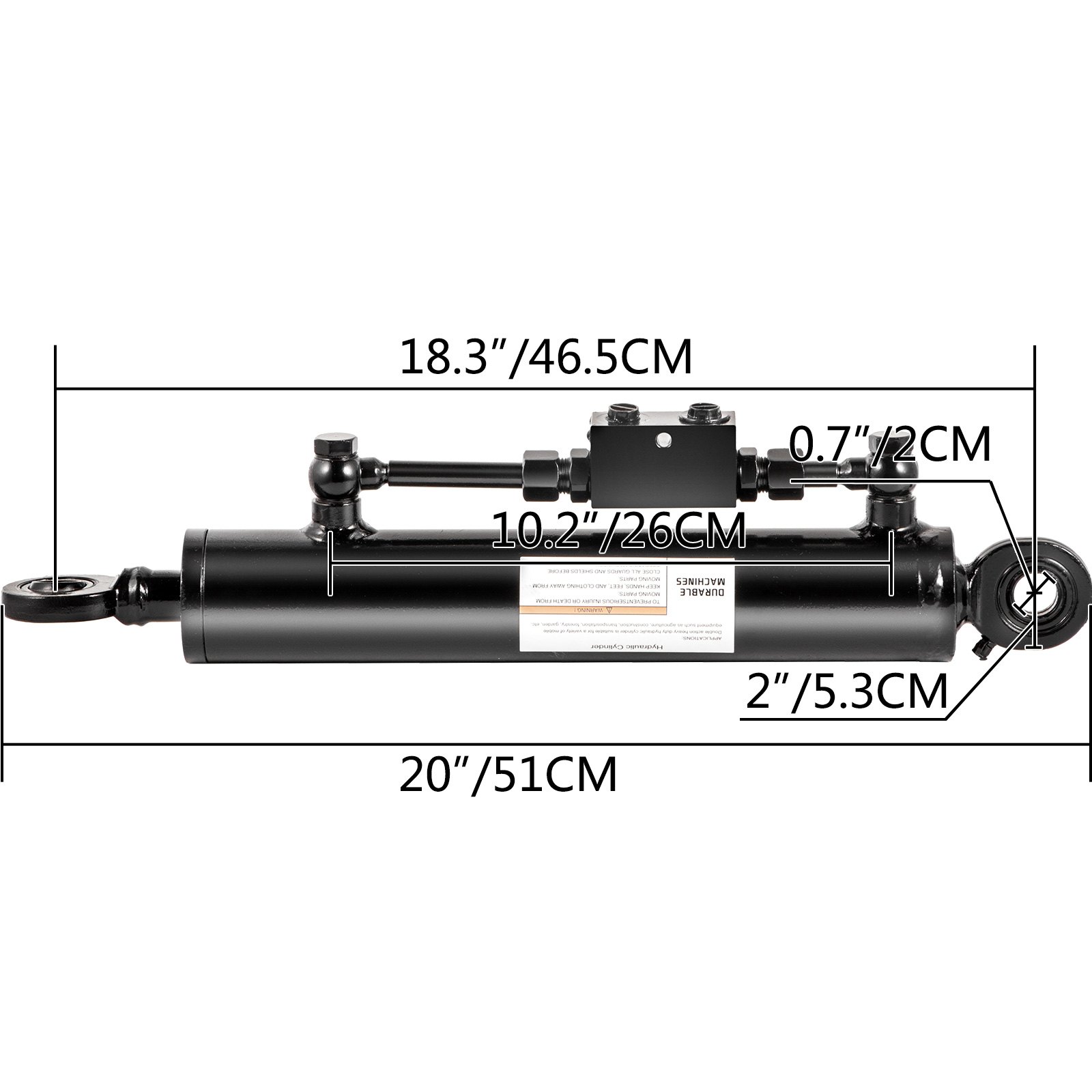 Cilindro hidráulico VEVOR de doble efecto Diámetro interior de 2", enlace superior Cilindro hidráulico de carrera de 10", retraído 20" extendido Enlace lateral hidráulico de 28" Cojinete de ojo giratorio con válvula de retención para tractores, categoría 1, 2