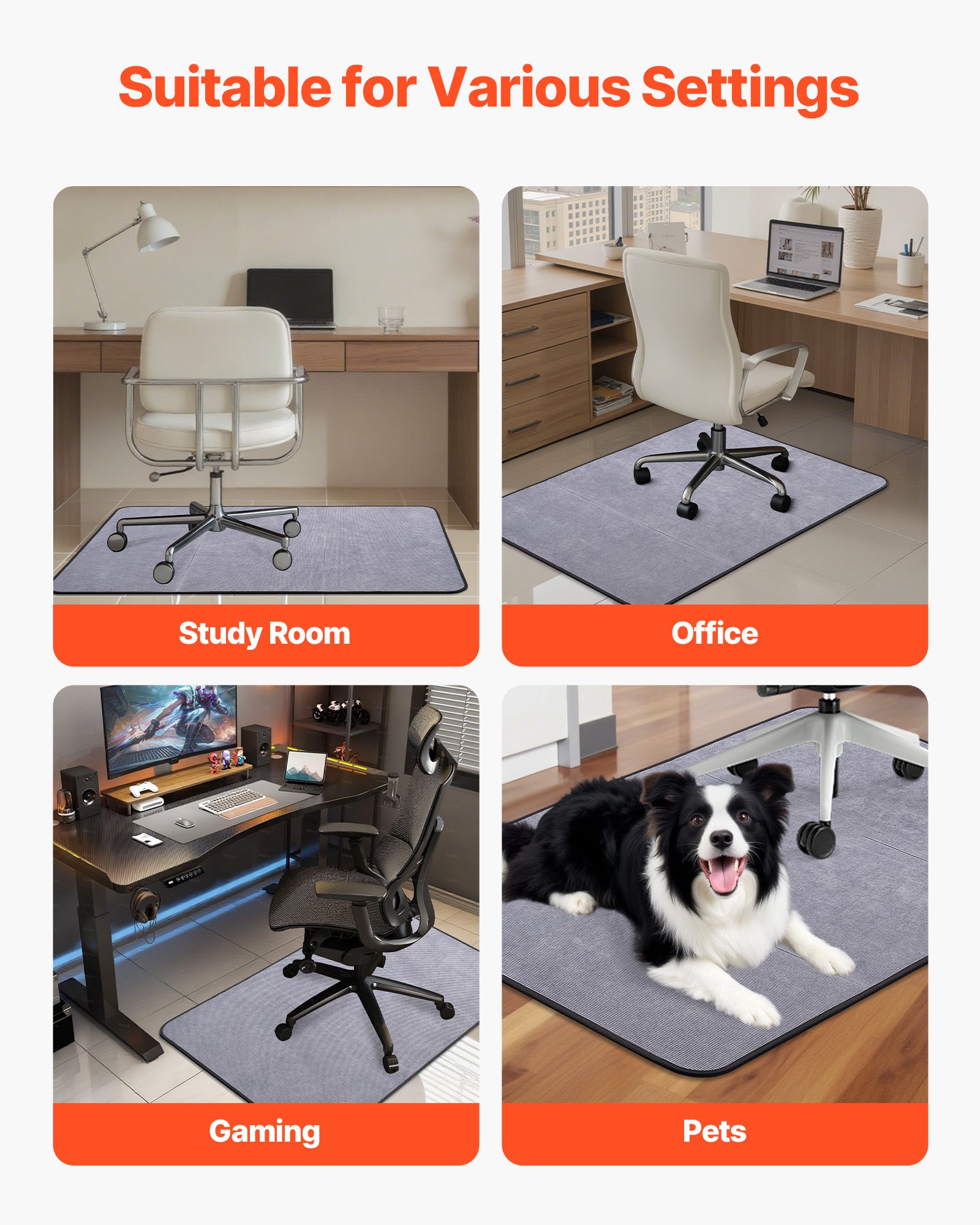 VEVOR - Alfombrilla para silla de oficina de 91 x 122 cm para suelos duros, protector de suelo para sillas con ruedas, superficie de pana, antideslizante y fácil de limpiar, se desliza suavemente debajo del escritorio para el hogar y la oficina (gris)