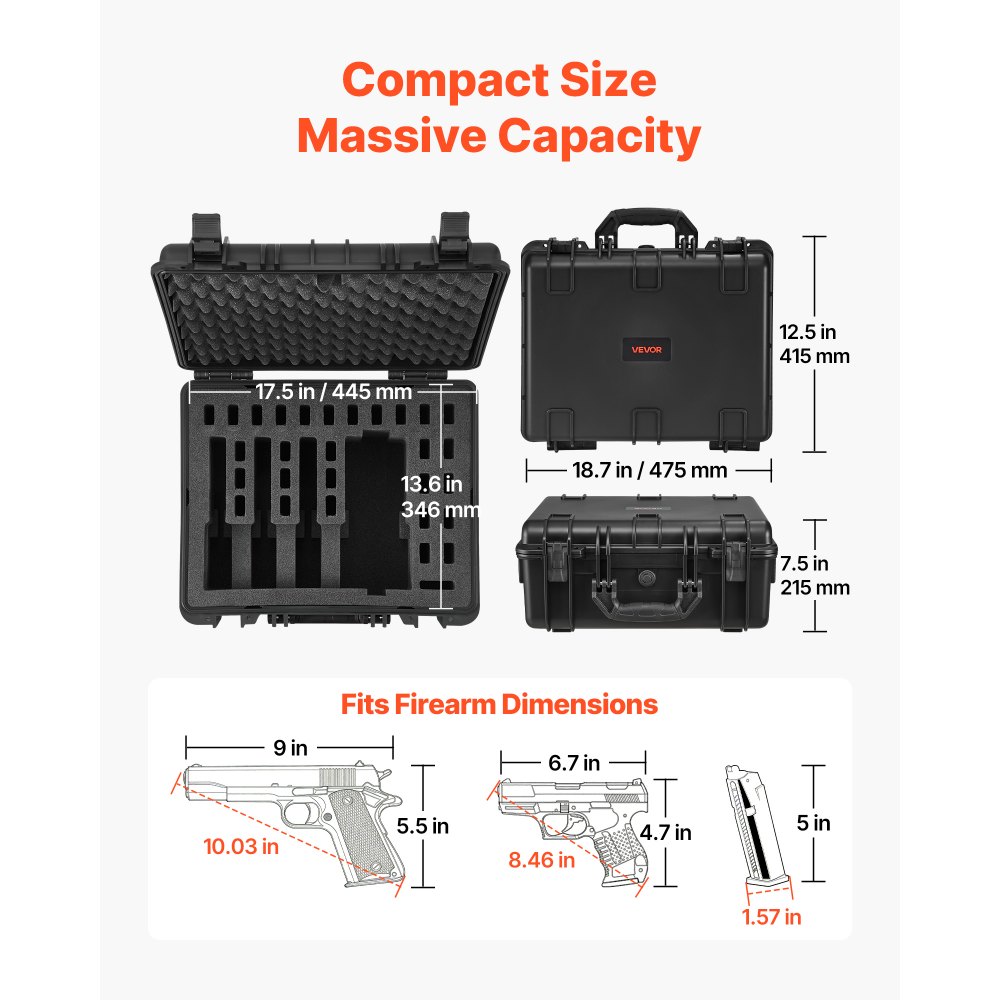 VEVOR Estuche Rígido para Pistola con Revestimiento de Espuma XPE, Funda para 5 Pistolas, Resistente al Agua y Polvo con Interior Personalizable y Asa 475 x 415 x 215 mm, Negro, Cumple con la TSA