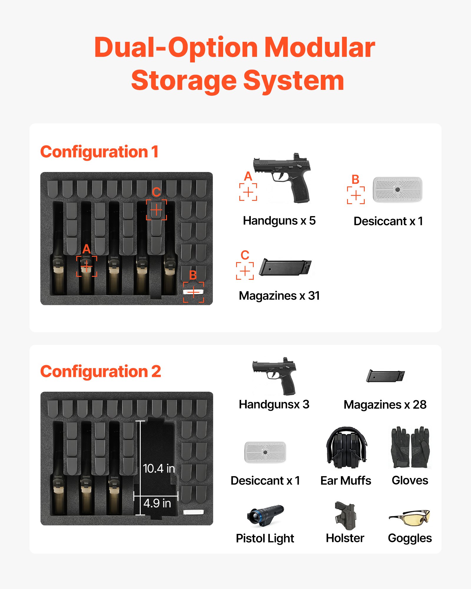 VEVOR Estuche Rígido para Pistola con Revestimiento de Espuma XPE, Funda para 5 Pistolas, Resistente al Agua y Polvo con Interior Personalizable y Asa 475 x 415 x 215 mm, Negro, Cumple con la TSA