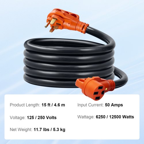 VEVOR 15ft RV Cable de extensión Cable de alimentación 50Amp NEMA 14-50R/NEMA 14-50P ETL listado
