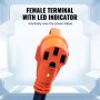 Terminal hembra con indicador LED en un cable de extensión VEVOR rv naranja que muestra el estado de la energía.