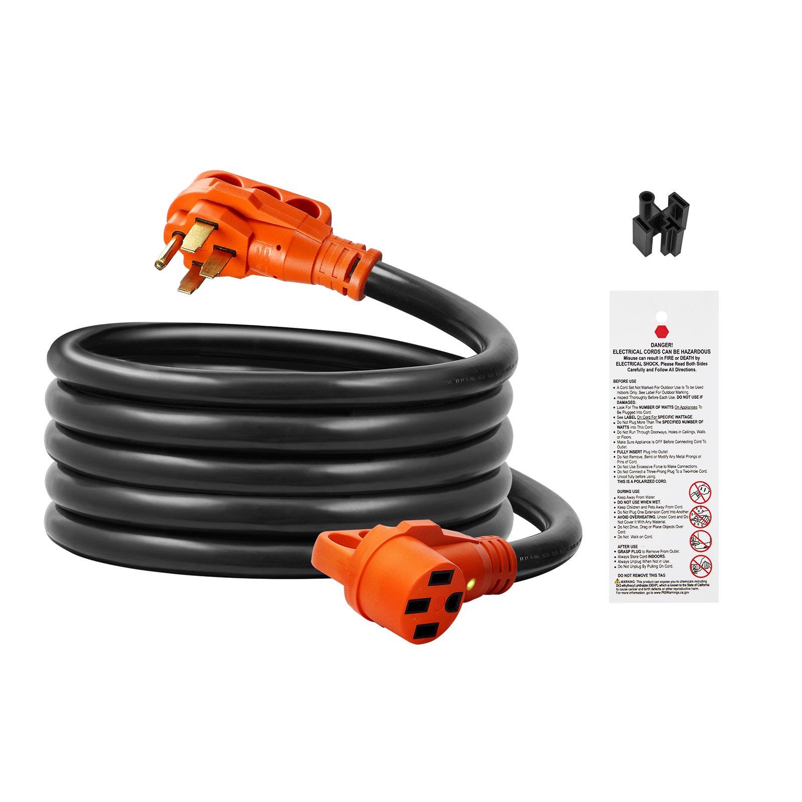 Cable de extensión VEVOR rv enrollado con conectores naranjas e instrucciones de seguridad.
