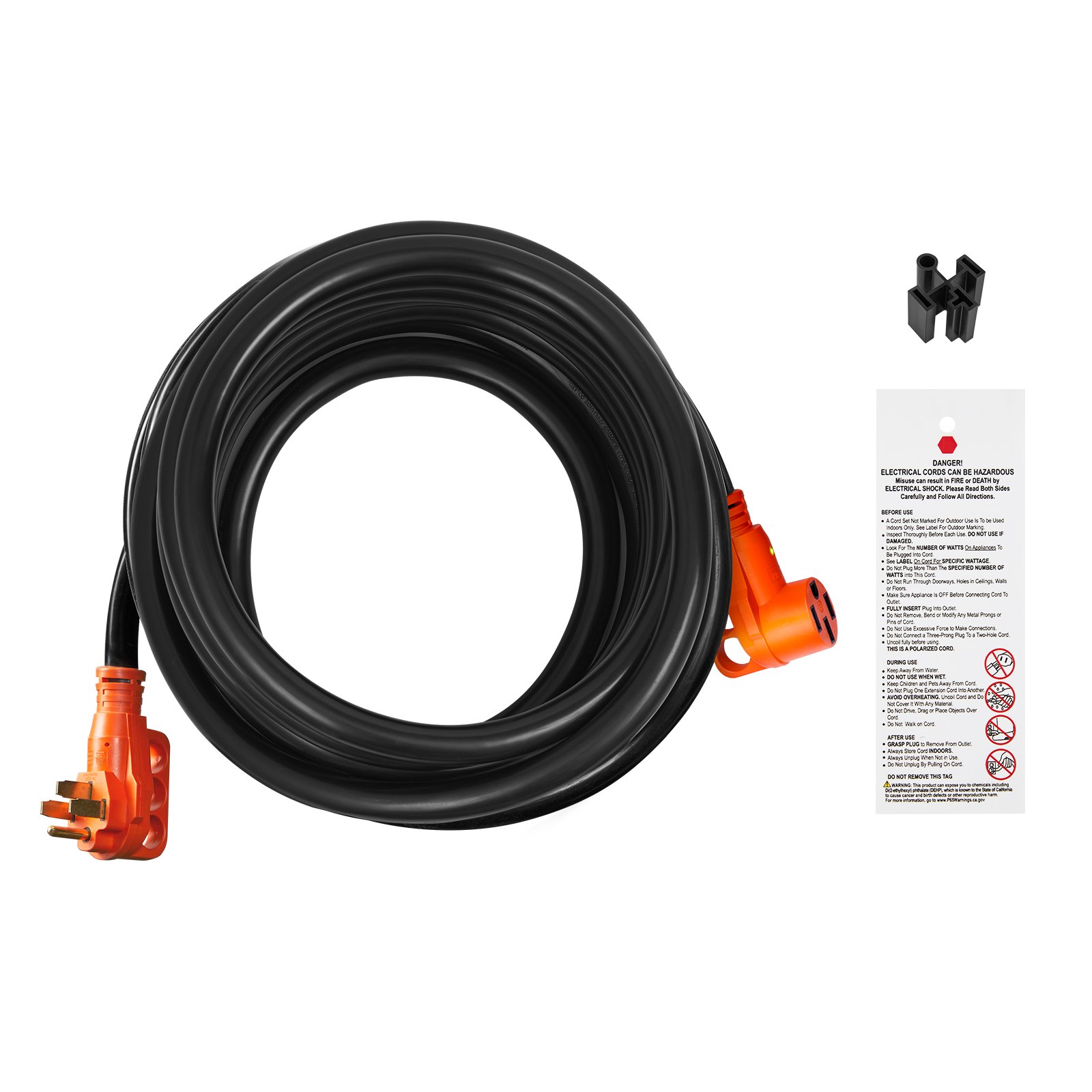 Cable de extensión VEVOR RV enrollado de 25 pies con conectores naranjas y guía de seguridad.