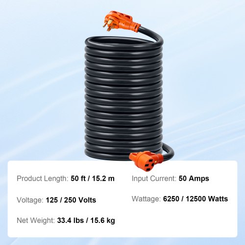 VEVOR 50ft RV Cable de extensión Cable de alimentación 50Amp NEMA 14-50R/NEMA 14-50P ETL listado